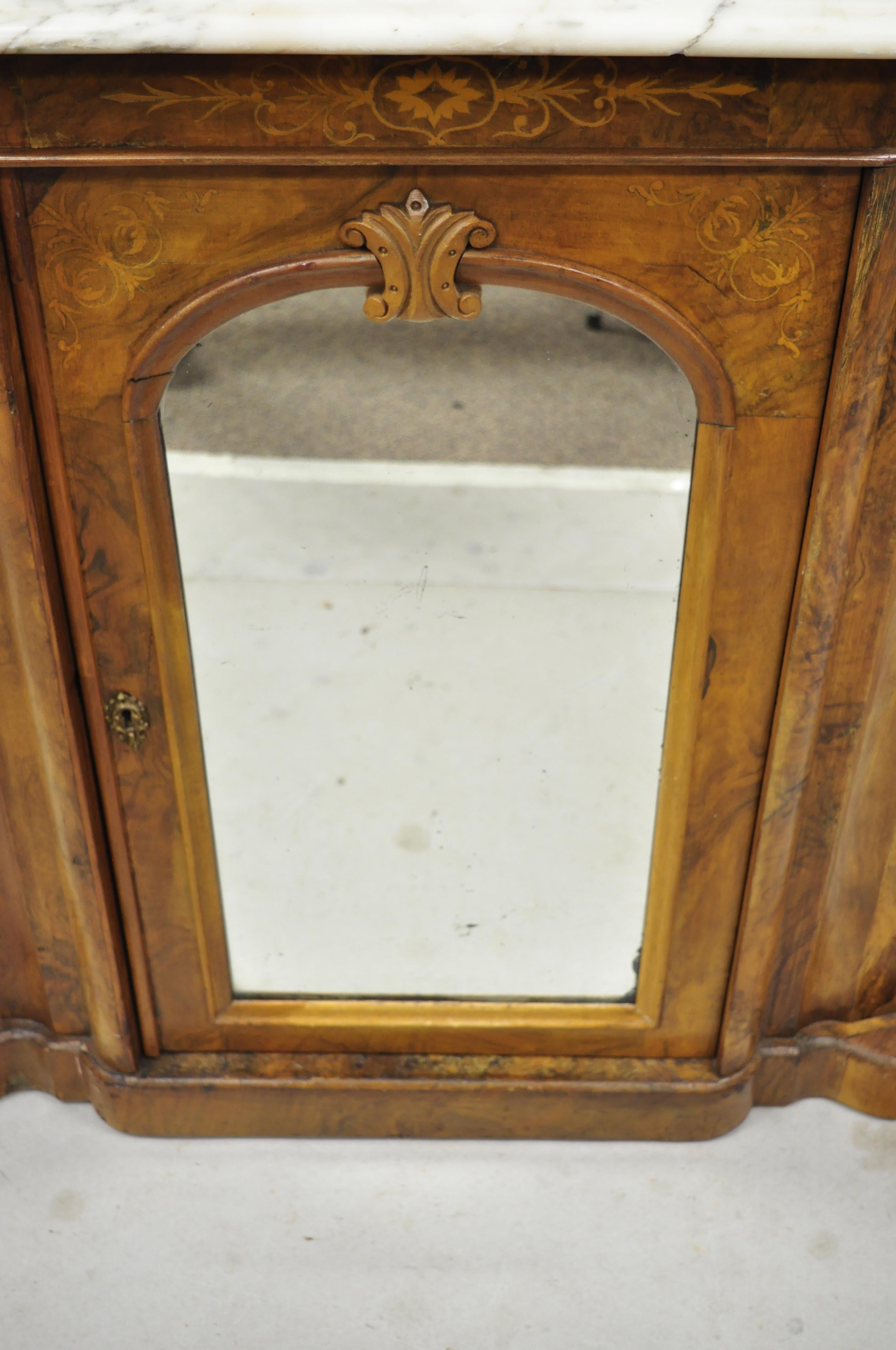 Antique Victorian Burr Wood Walnut Serpentine Marble-Top Sideboard Credenza For Sale 3