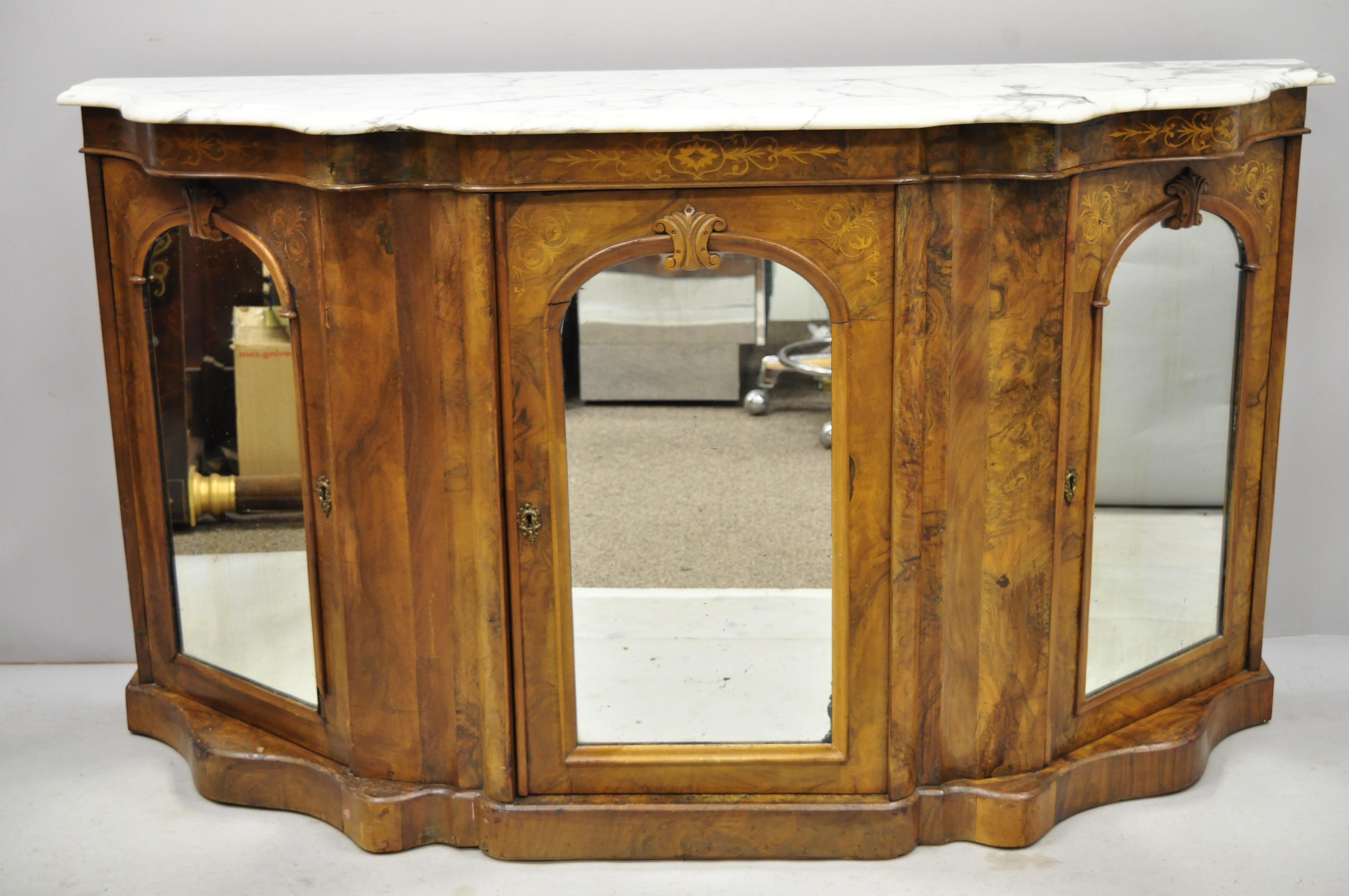 Antique Victorian Burr Wood Walnut Serpentine Marble-Top Sideboard Credenza For Sale 4