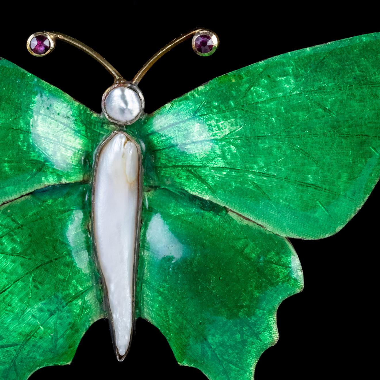 Antique Victorian Butterfly Brooch Green Enamel Ruby Pearl, circa 1890 1