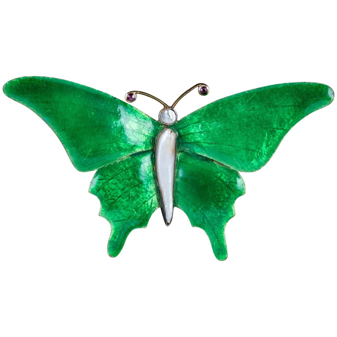 Antique Victorian Butterfly Brooch Green Enamel Ruby Pearl, circa 1890