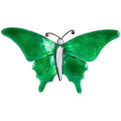 Antique Victorian Butterfly Brooch Green Enamel Ruby Pearl, circa 1890
