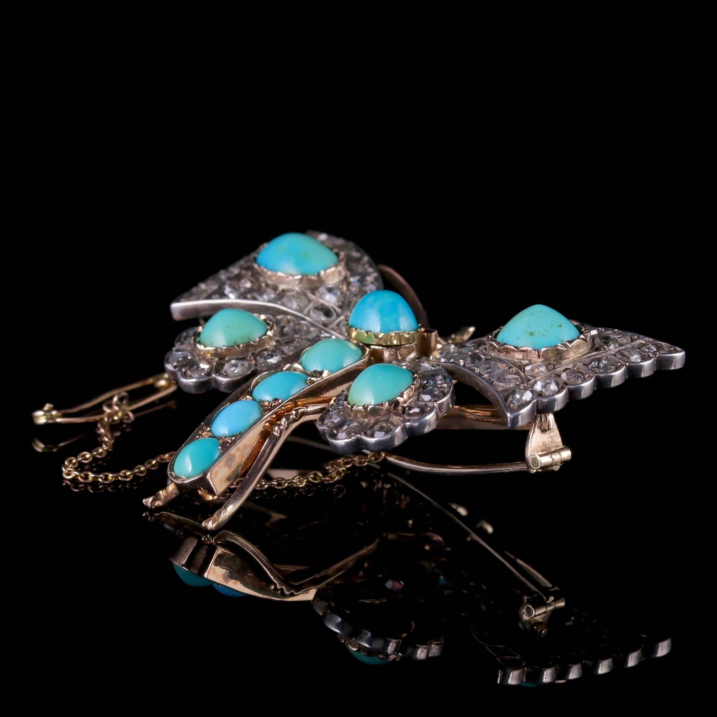 Antique Victorian Butterfly Brooch Turquoise Diamond 18 Carat Gold, circa 1860 In Excellent Condition For Sale In Lancaster, Lancashire