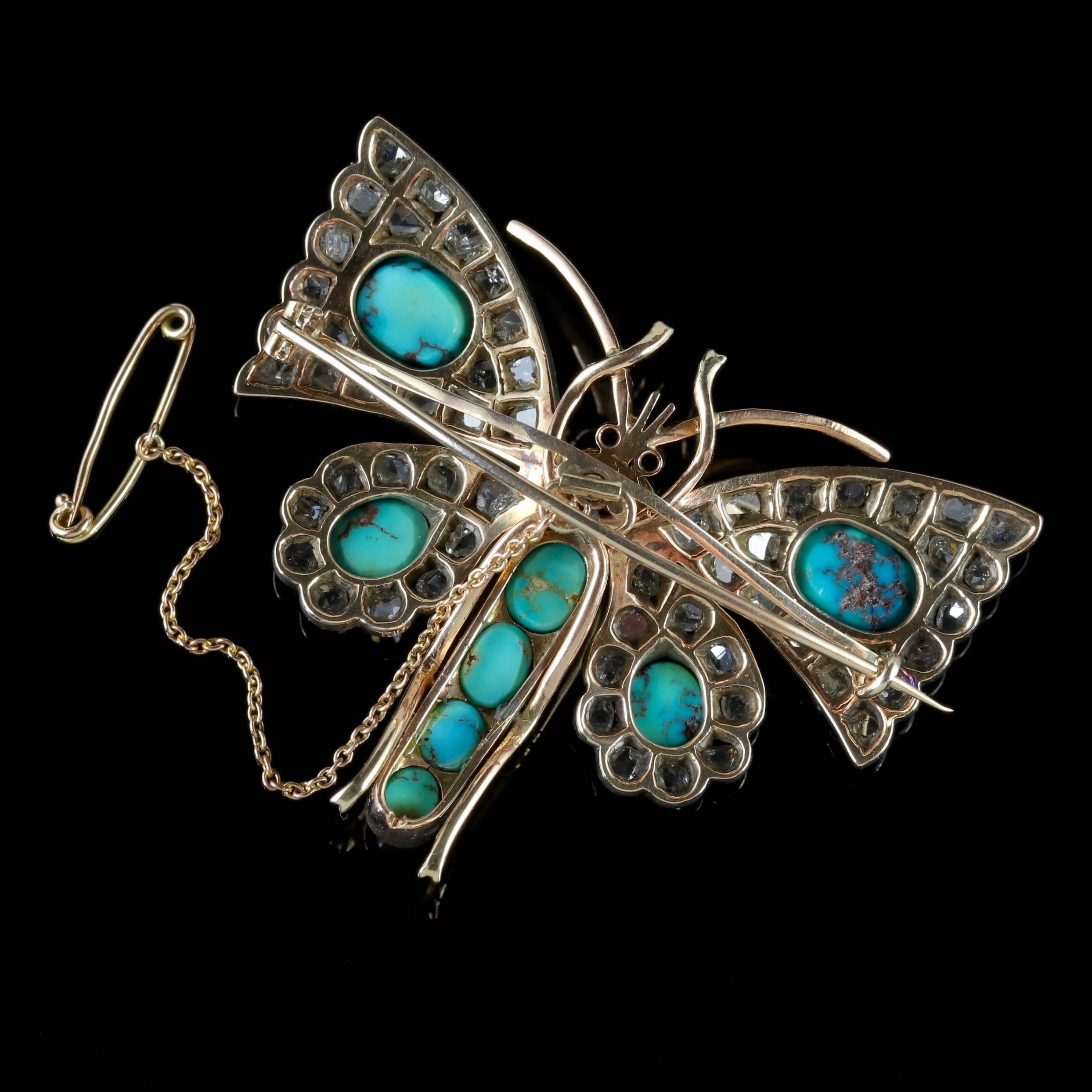 Antique Victorian Butterfly Brooch Turquoise Diamond 18 Carat Gold, circa 1860 For Sale 1