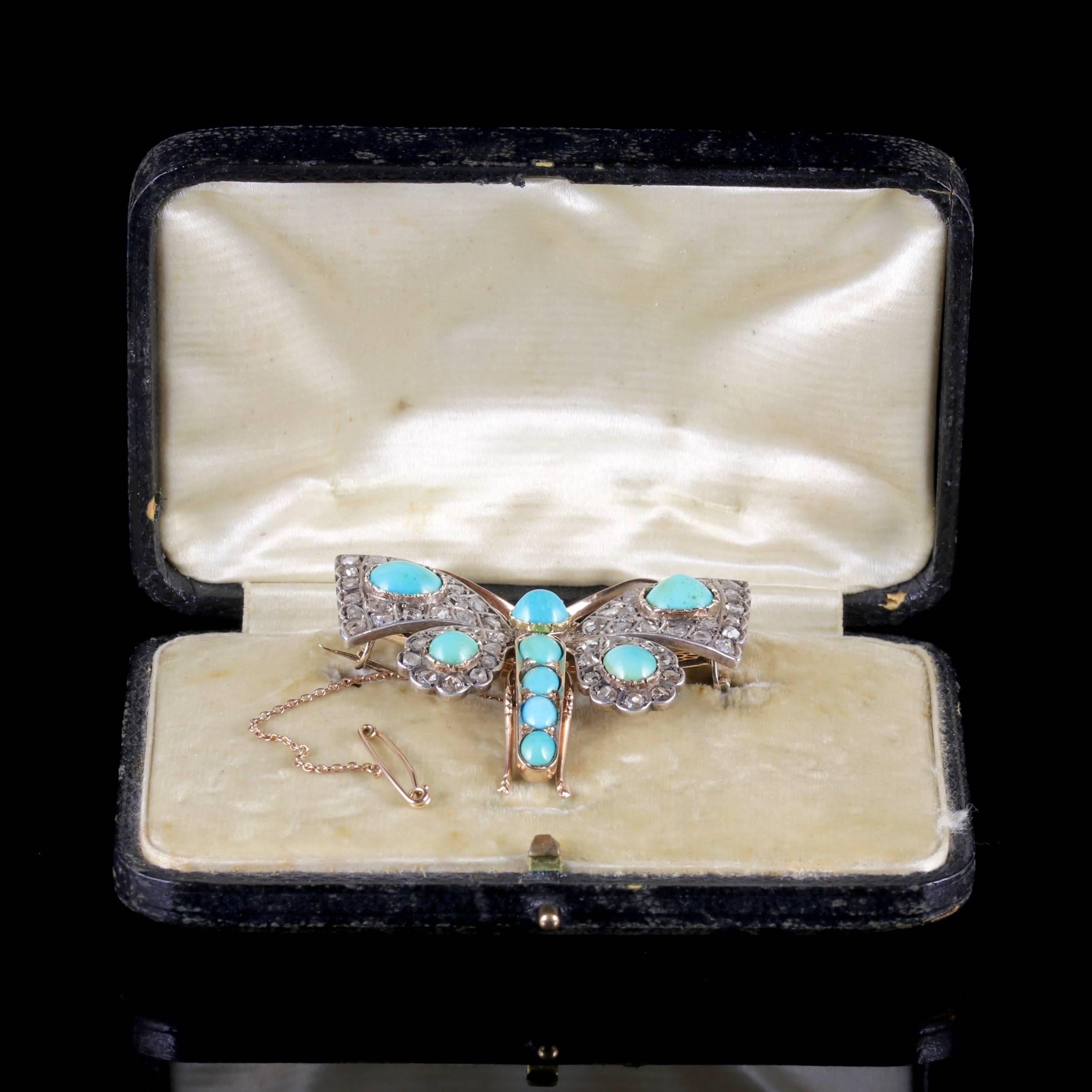 Antique Victorian Butterfly Brooch Turquoise Diamond 18 Carat Gold, circa 1860 For Sale 3