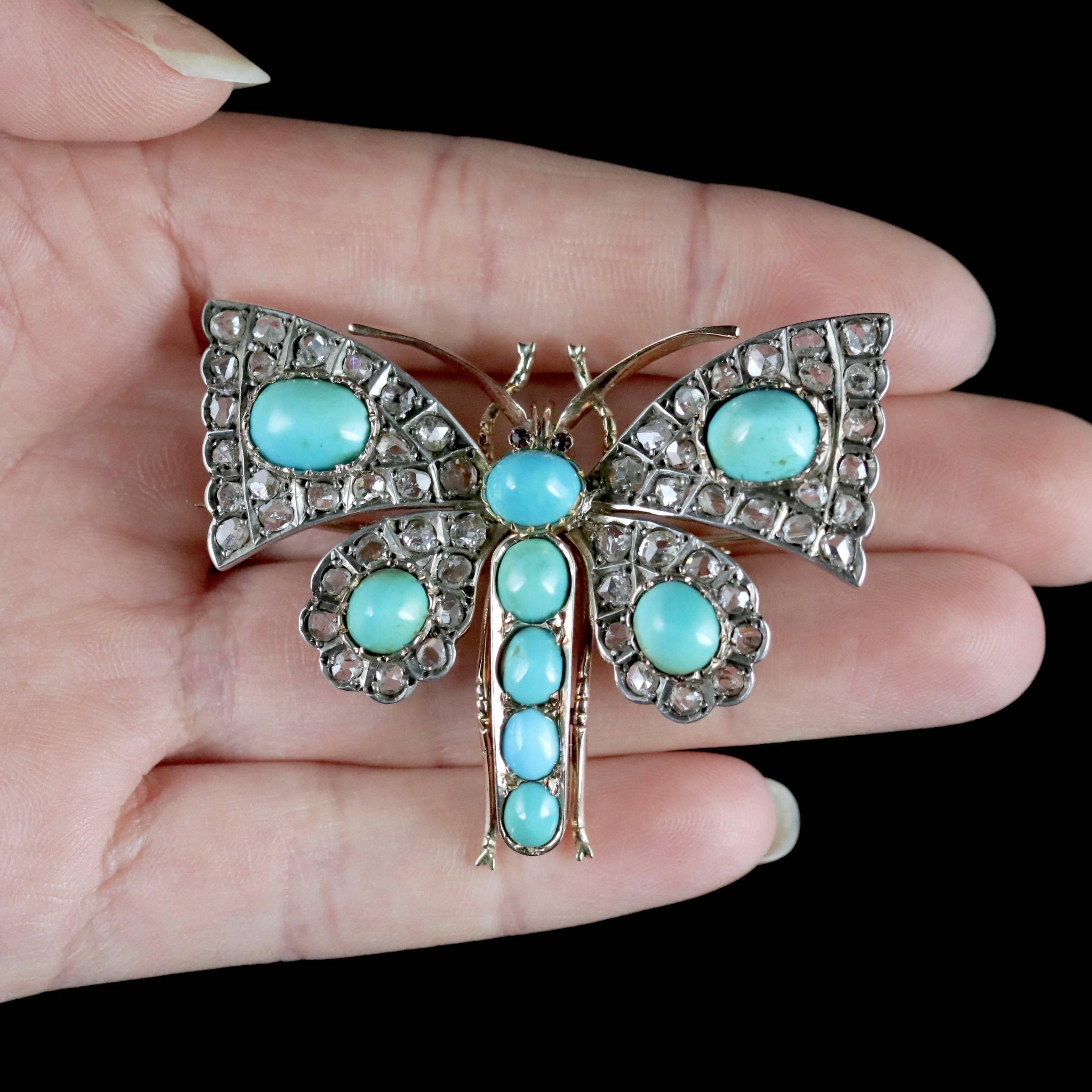 Antique Victorian Butterfly Brooch Turquoise Diamond 18 Carat Gold, circa 1860 For Sale 4