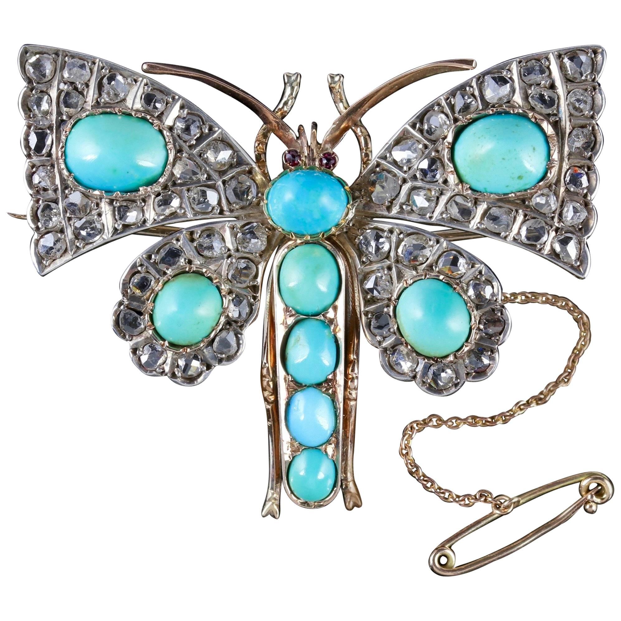 Antique Victorian Butterfly Brooch Turquoise Diamond 18 Carat Gold, circa 1860 For Sale