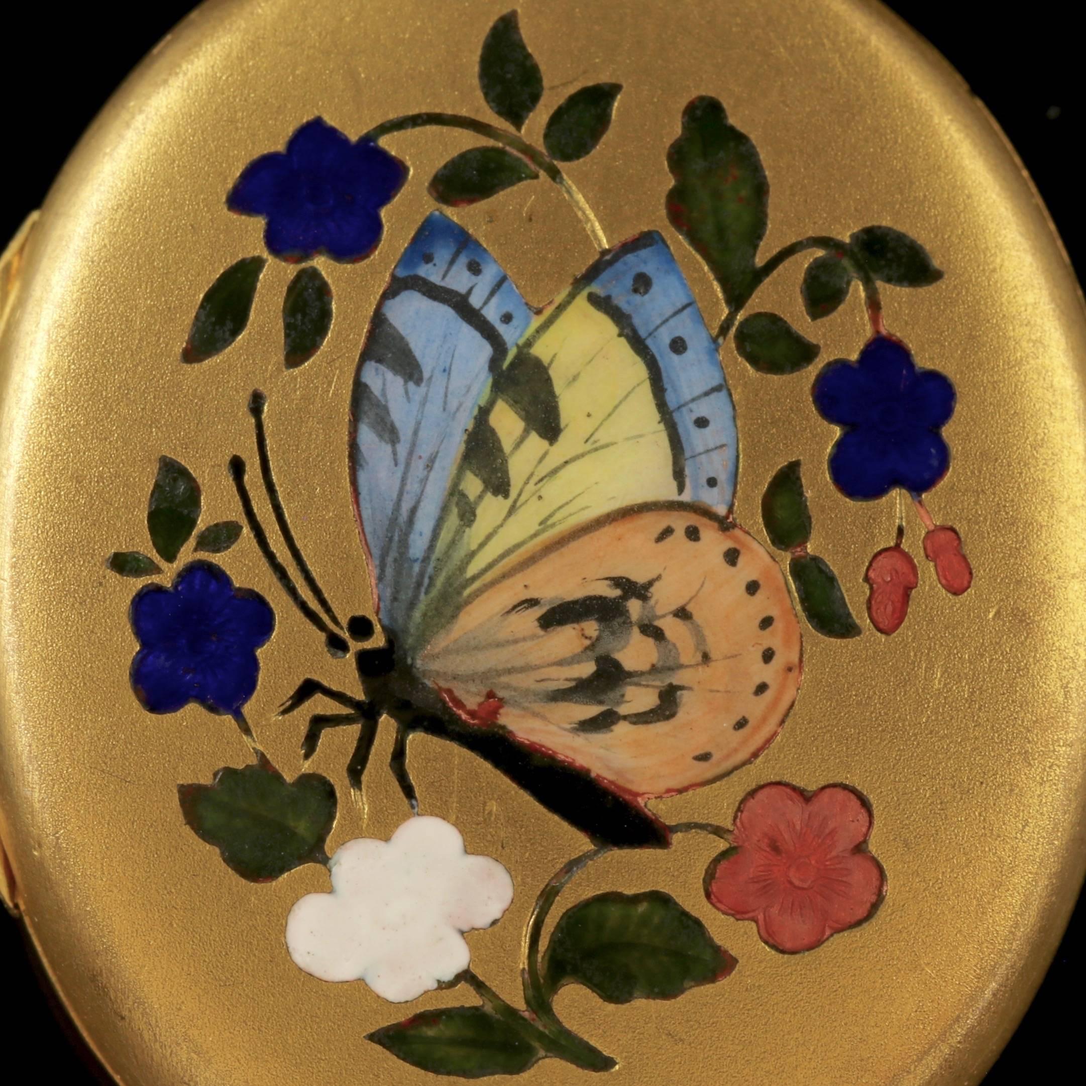 To read more please click continue reading below-

This fabulous antique Victorian Butterfly locket is set in Gold gilt, Circa 1870. 

The locket displays beautiful Enamel artistry depicting a beautiful image of a Butterfly flying through a