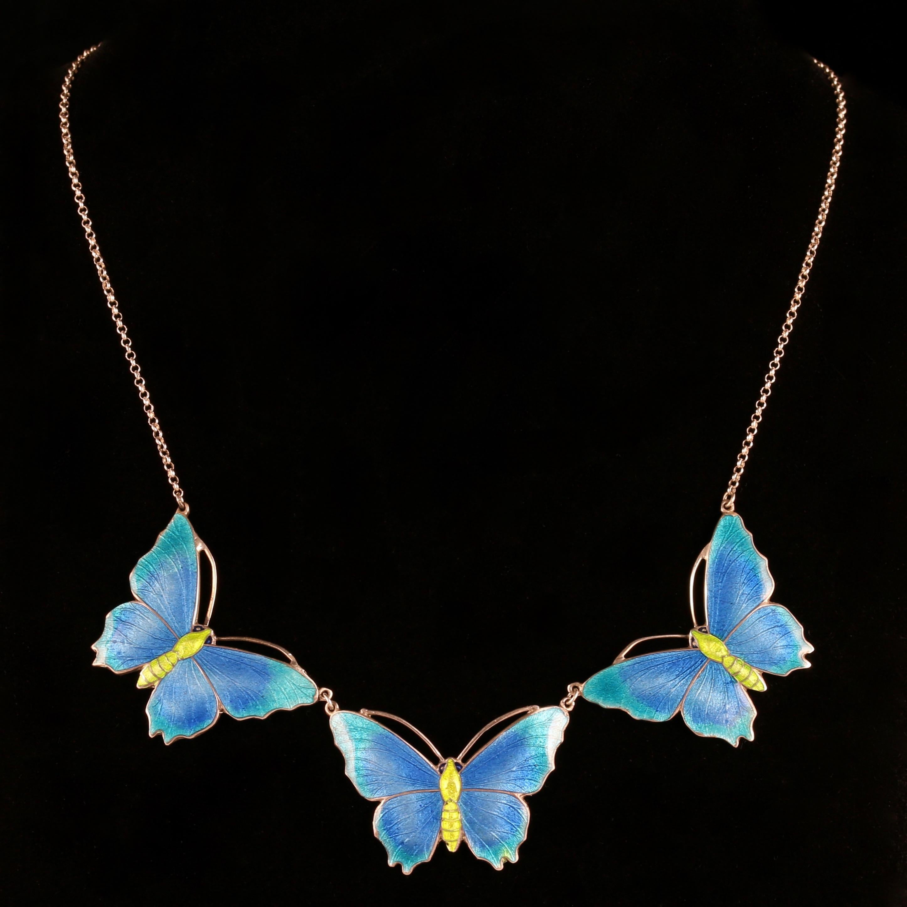 For more details please click continue reading down below...

This stunning Silver necklace is adorned with 3 beautiful enamel butterflies fluttering together. Circa 1880

Butterfly or insect jewellery is highly collectable and was a symbol of good