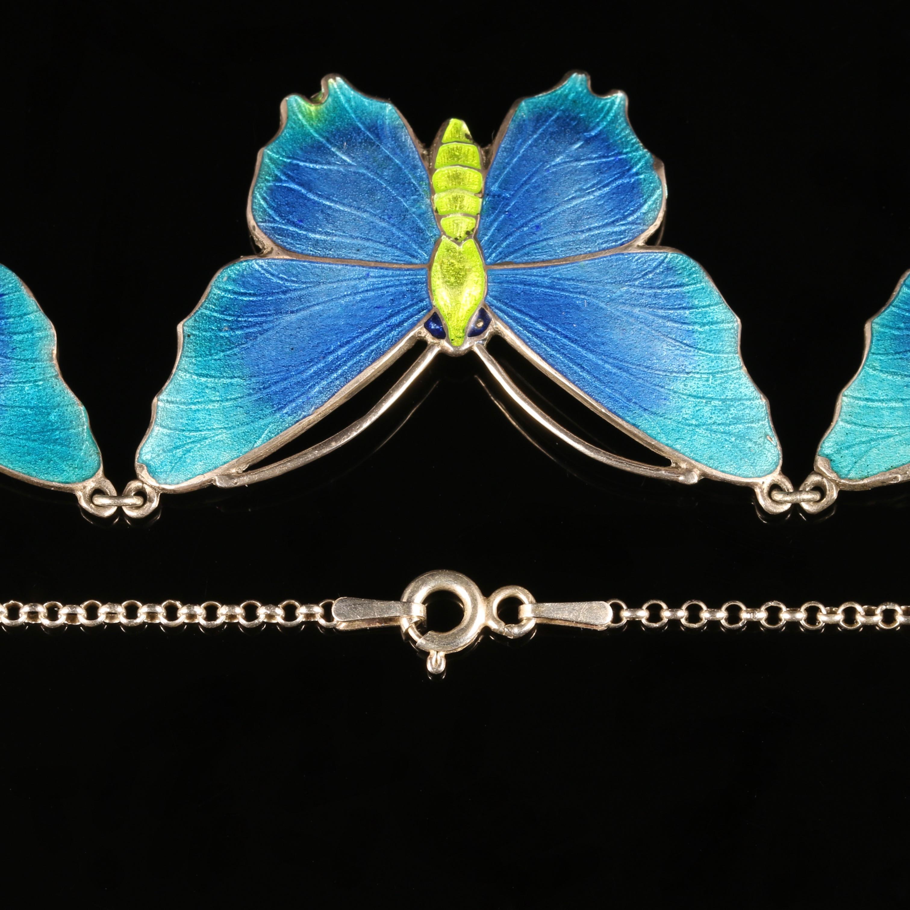Women's Antique Victorian Butterfly Necklace Enamel Sliver, circa 1880