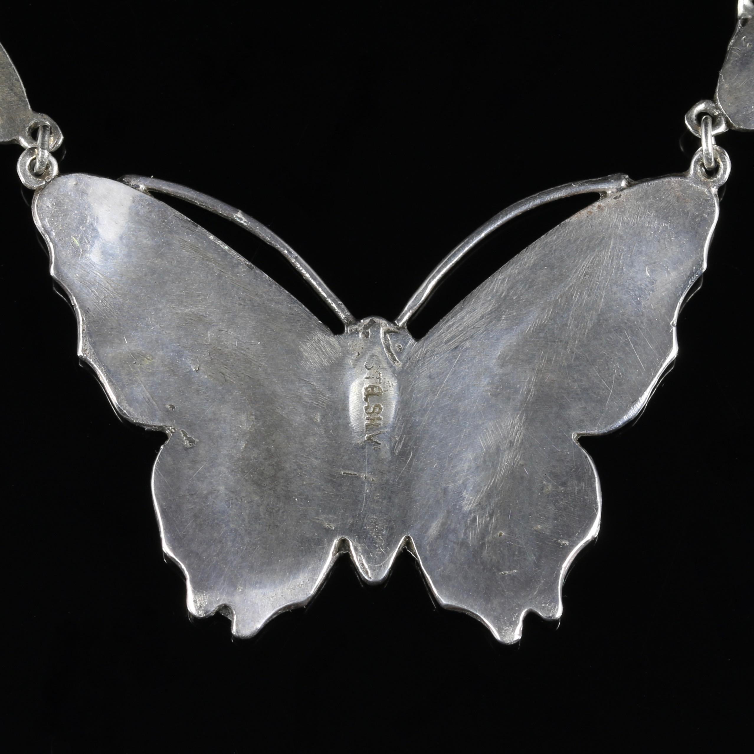 Antique Victorian Butterfly Necklace Enamel Sliver, circa 1880 1