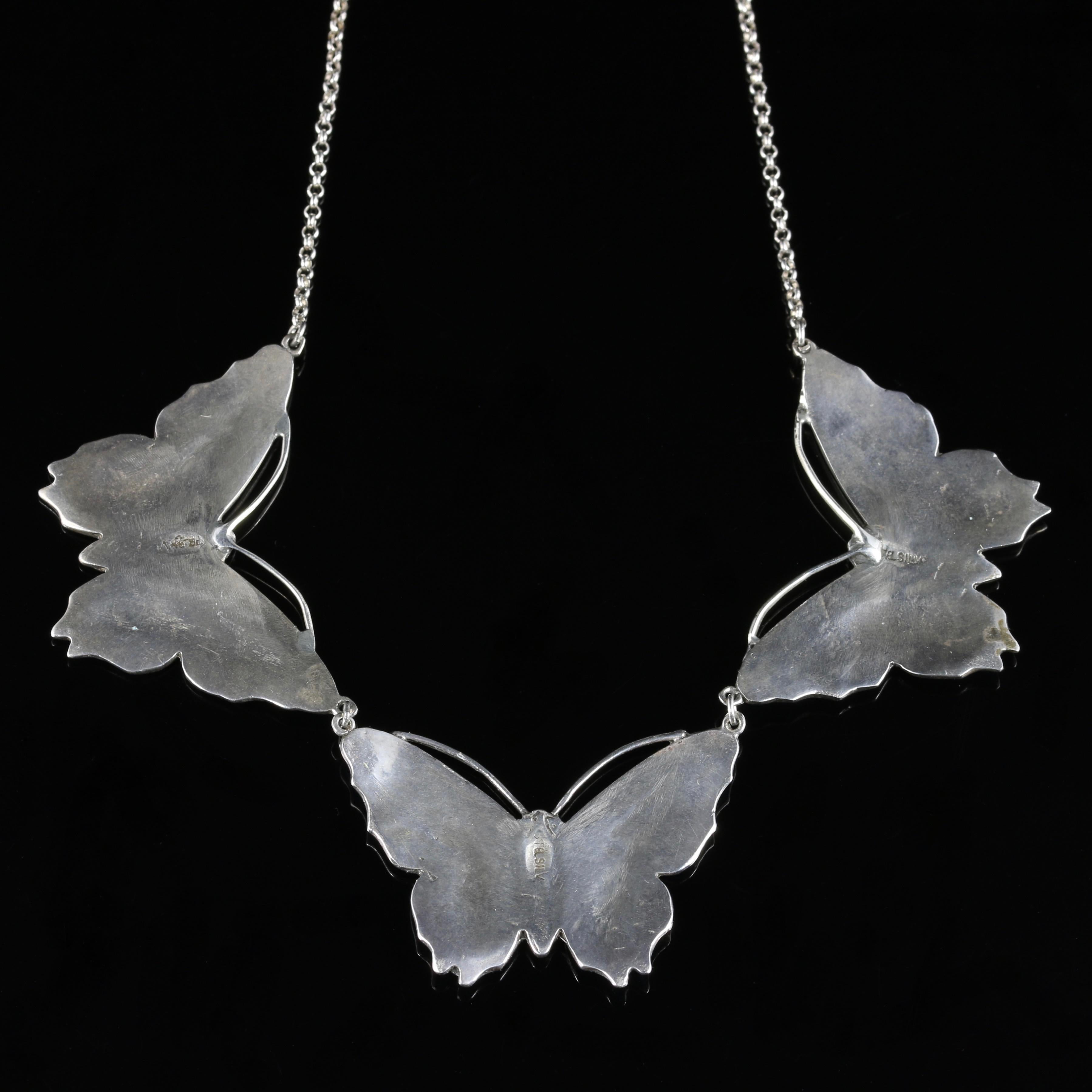 Antique Victorian Butterfly Necklace Enamel Sliver, circa 1880 2
