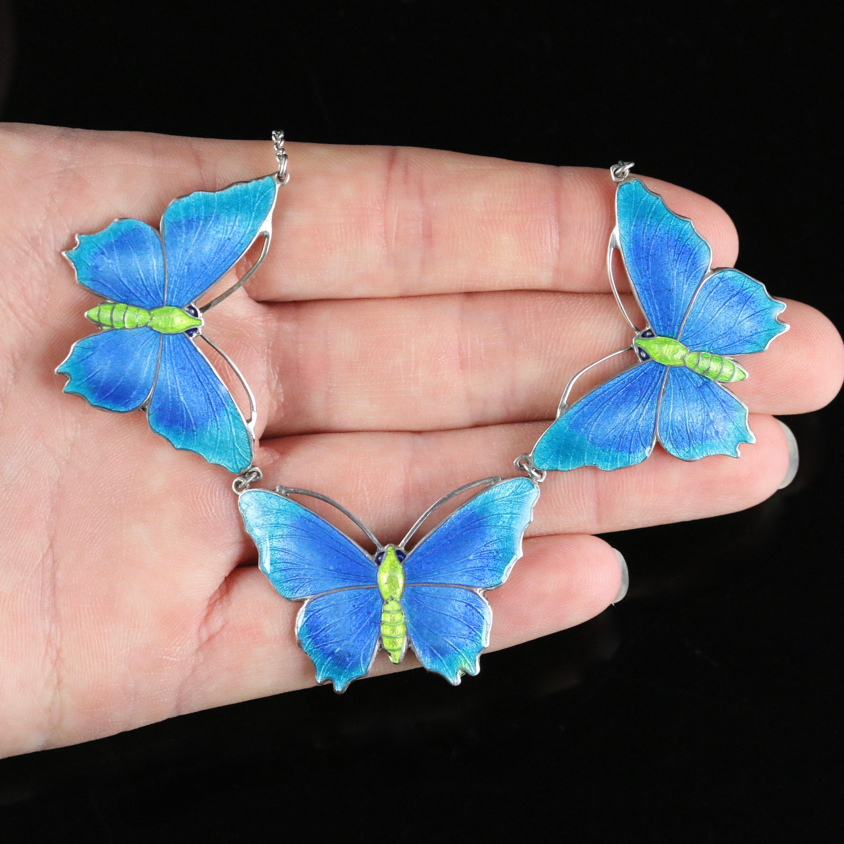 Antique Victorian Butterfly Necklace Enamel Sliver, circa 1880 3