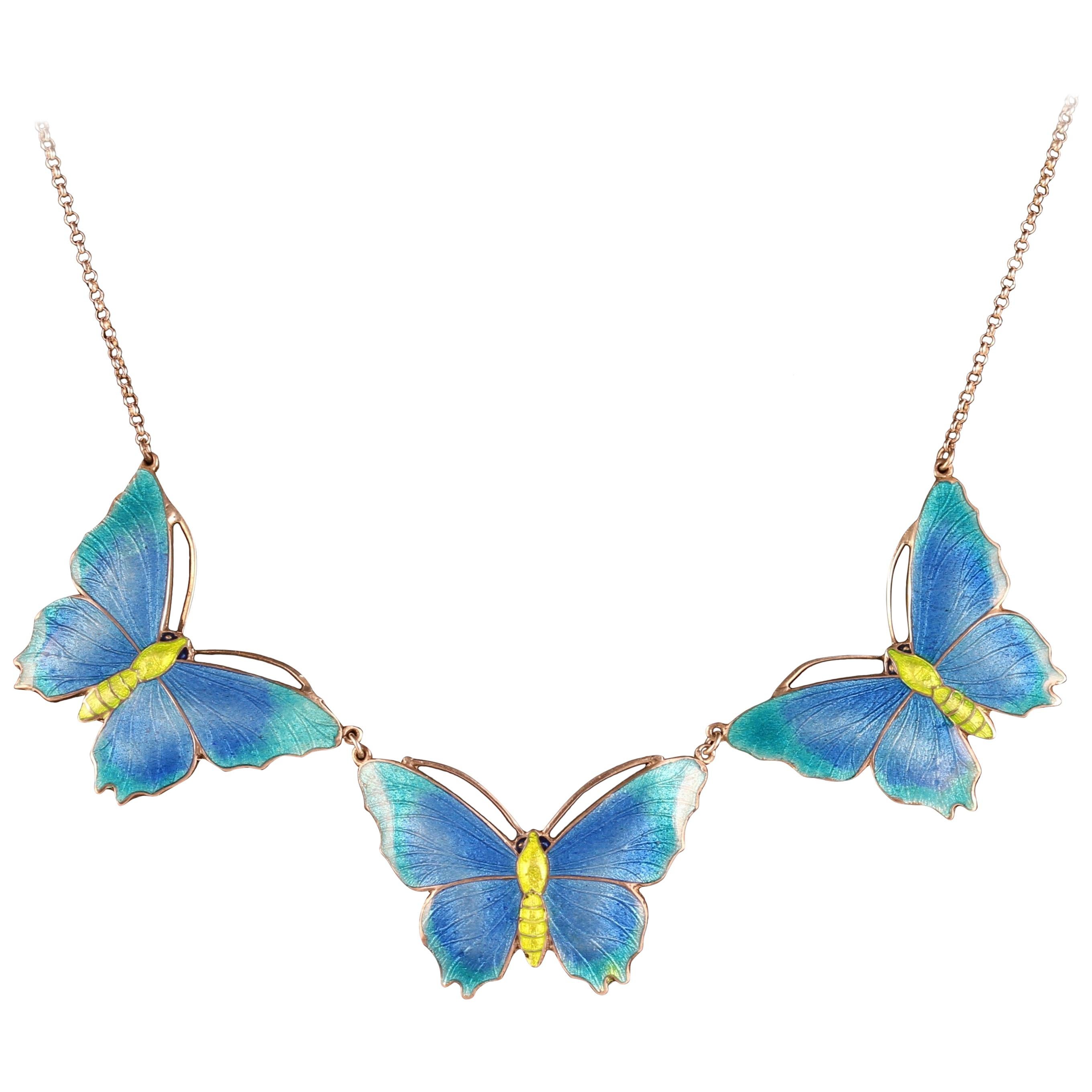 Antique Victorian Butterfly Necklace Enamel Sliver, circa 1880