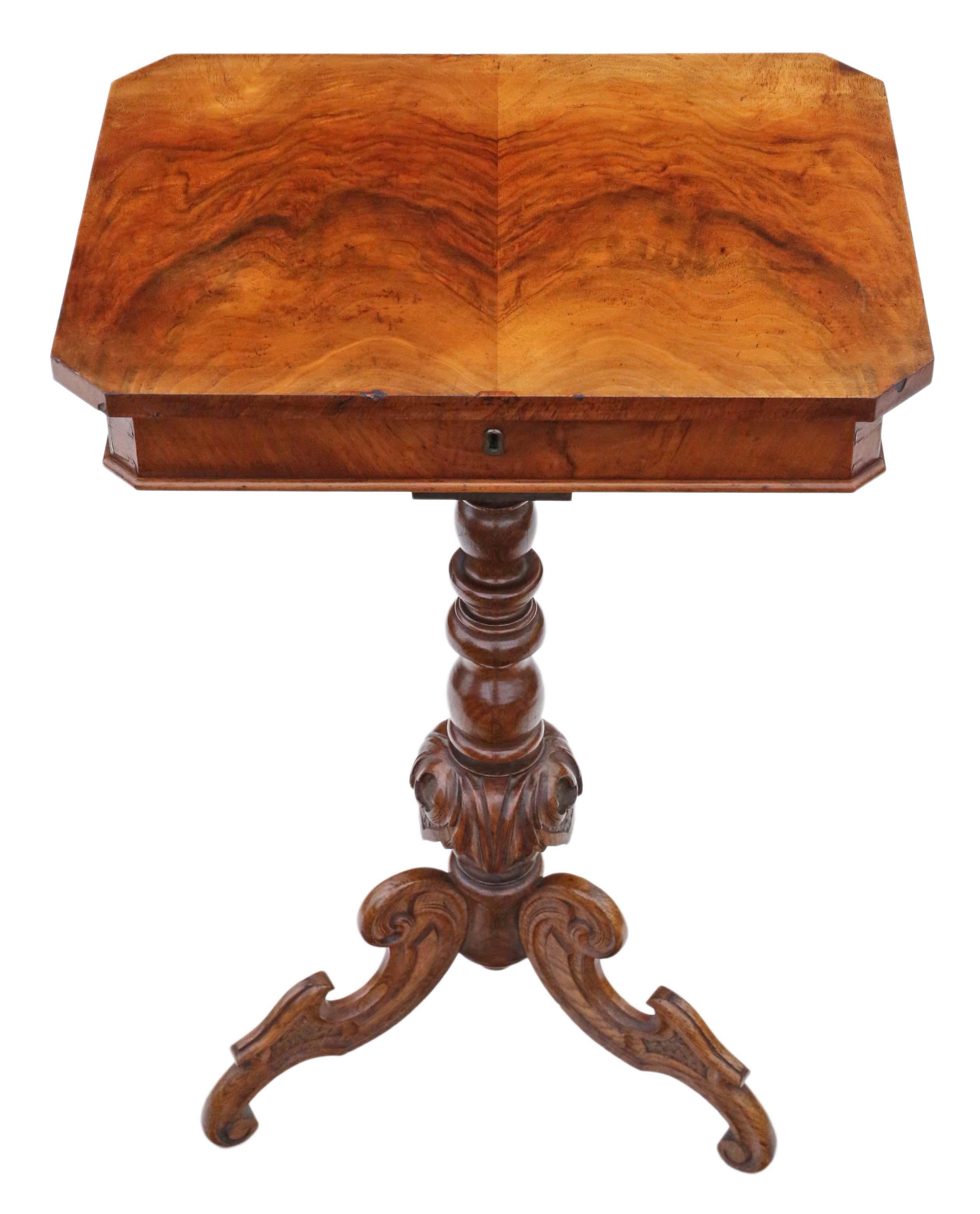 Antique Victorian circa 1860 burr walnut work side sewing table box

This is a lovely item, that is full of age, charm and character.

An attractive, rare and versatile piece with so many different uses.

Solid, with no loose joints and no