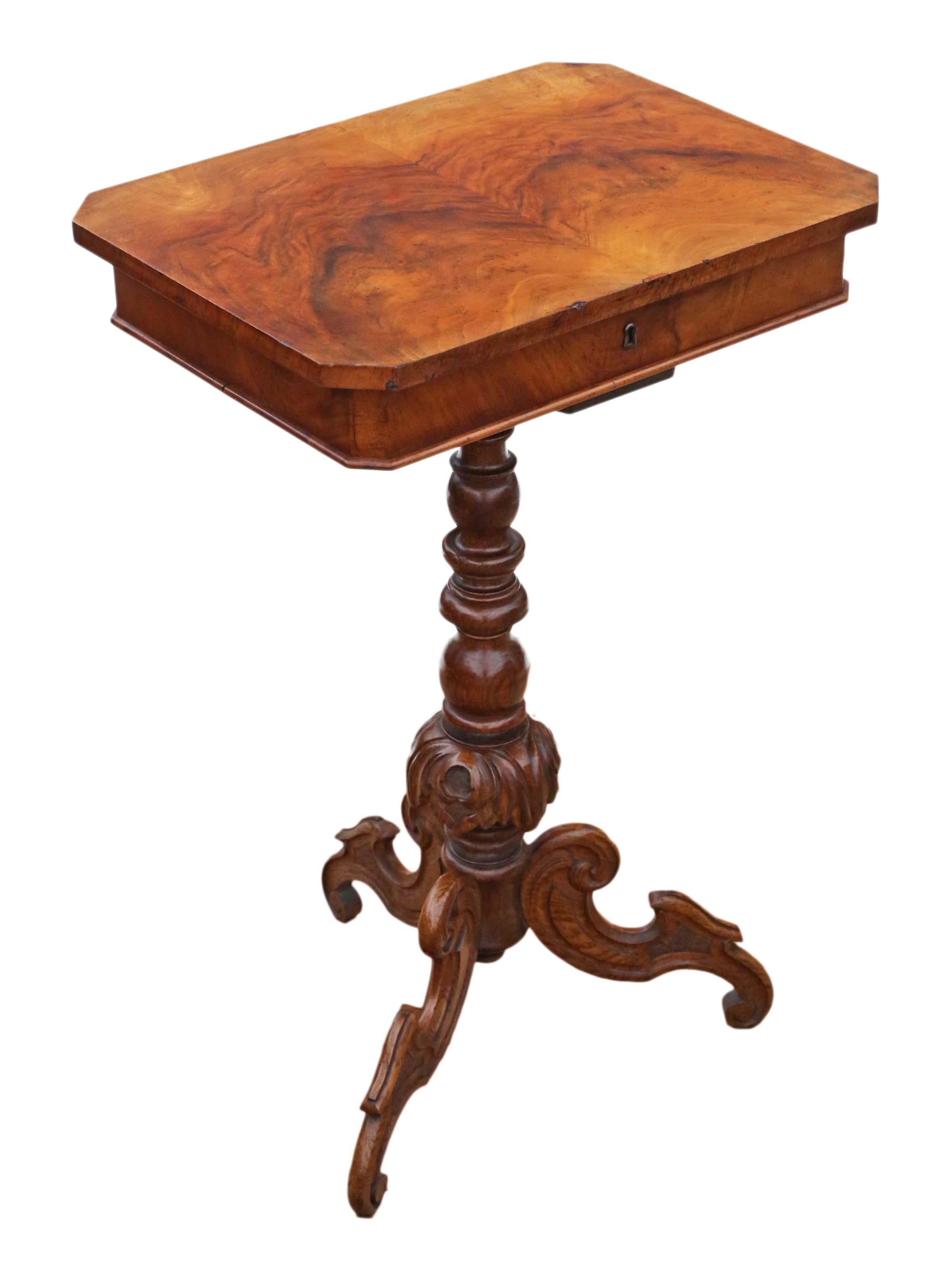 Antique Victorian circa 1860 Burr Walnut Work Side Sewing Table Box 1