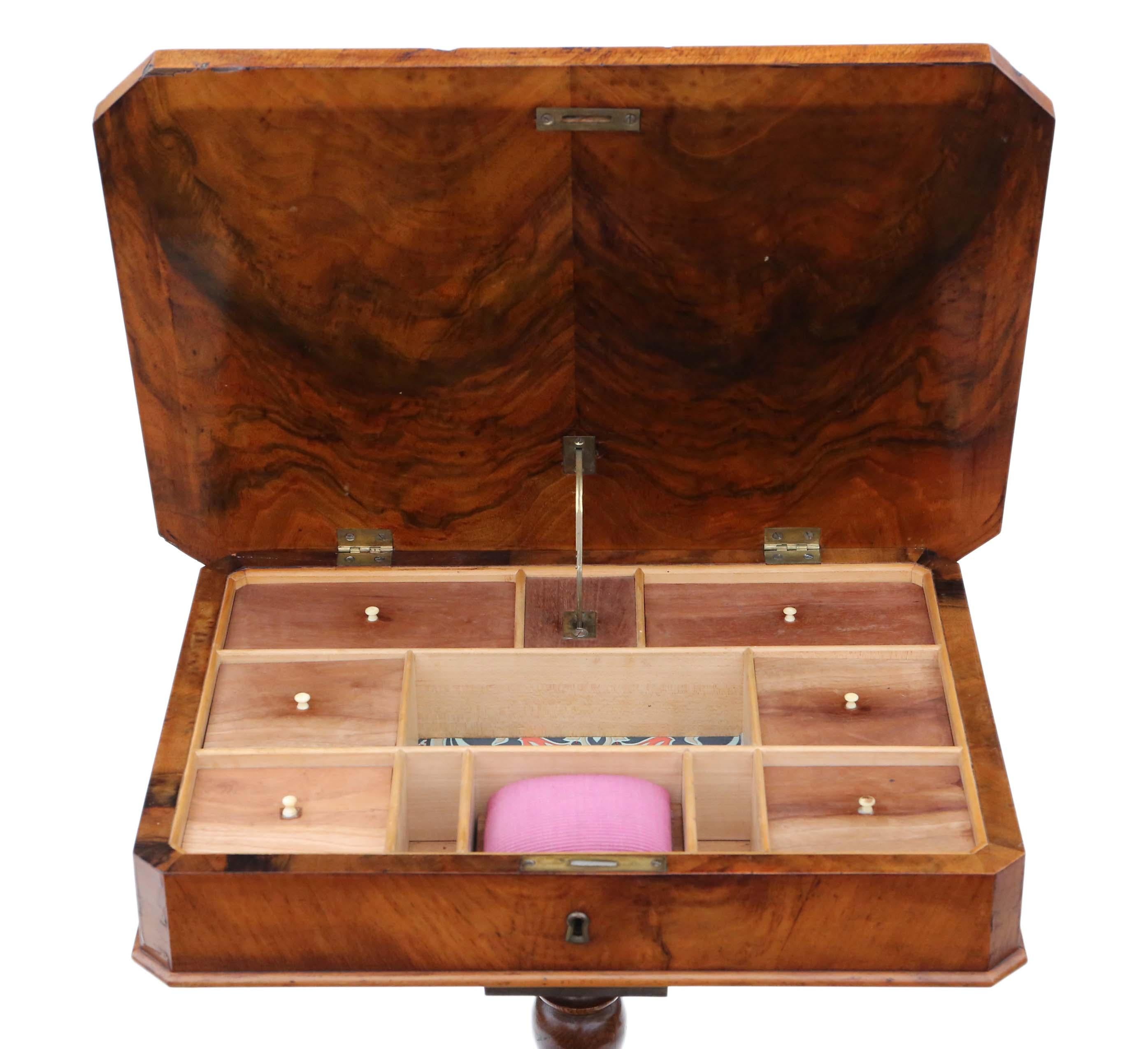 Antique Victorian circa 1860 Burr Walnut Work Side Sewing Table Box 4