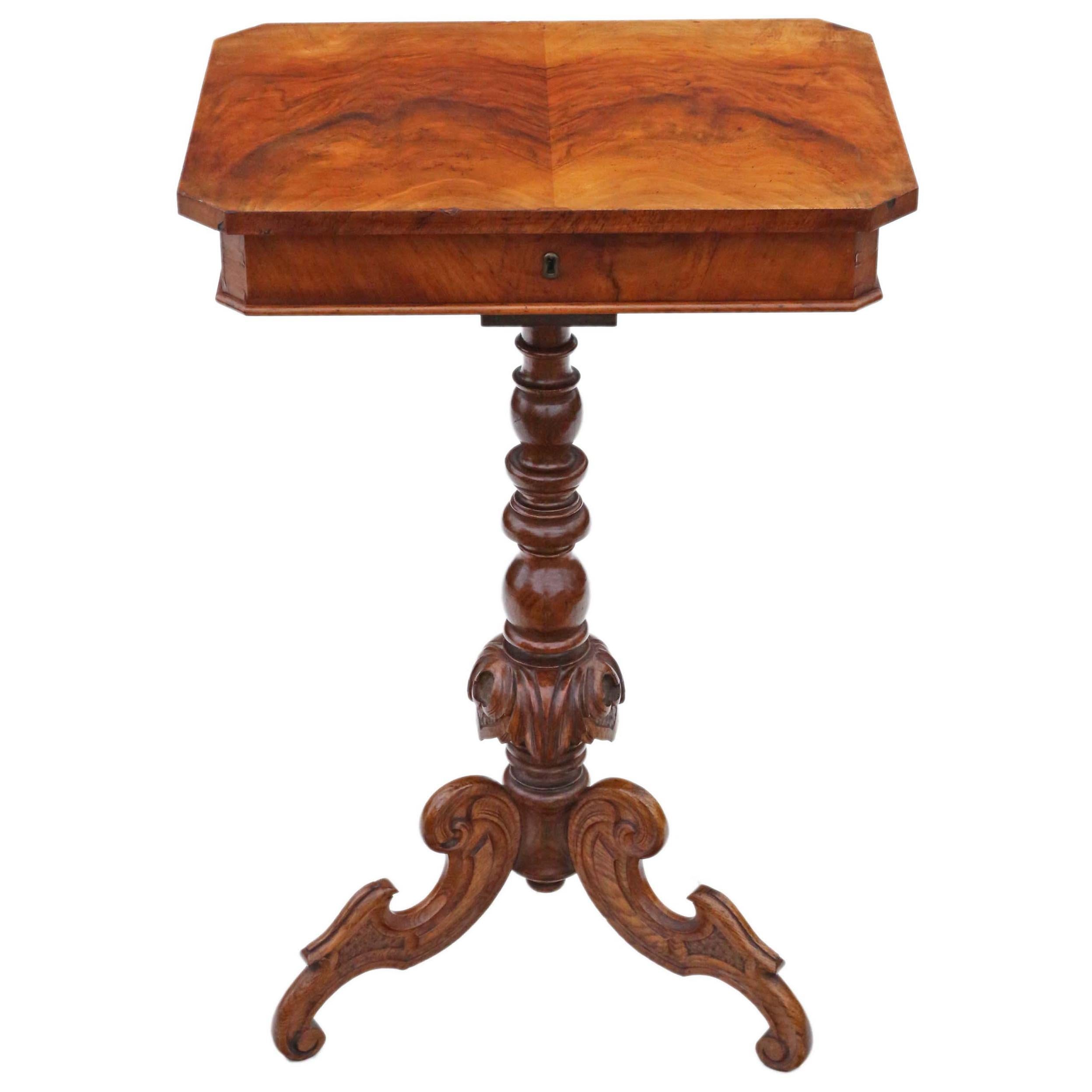 Antique Victorian circa 1860 Burr Walnut Work Side Sewing Table Box