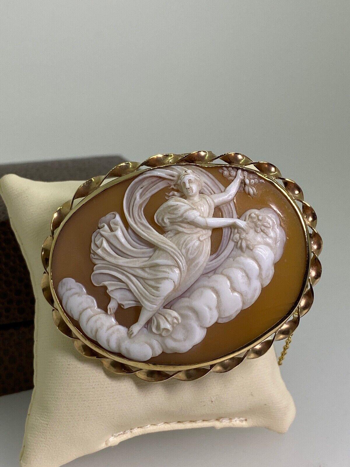 Women's Antique Victorian c1870’s Finely Carved Shell Cameo Brooch Pendant in 9K Gold For Sale