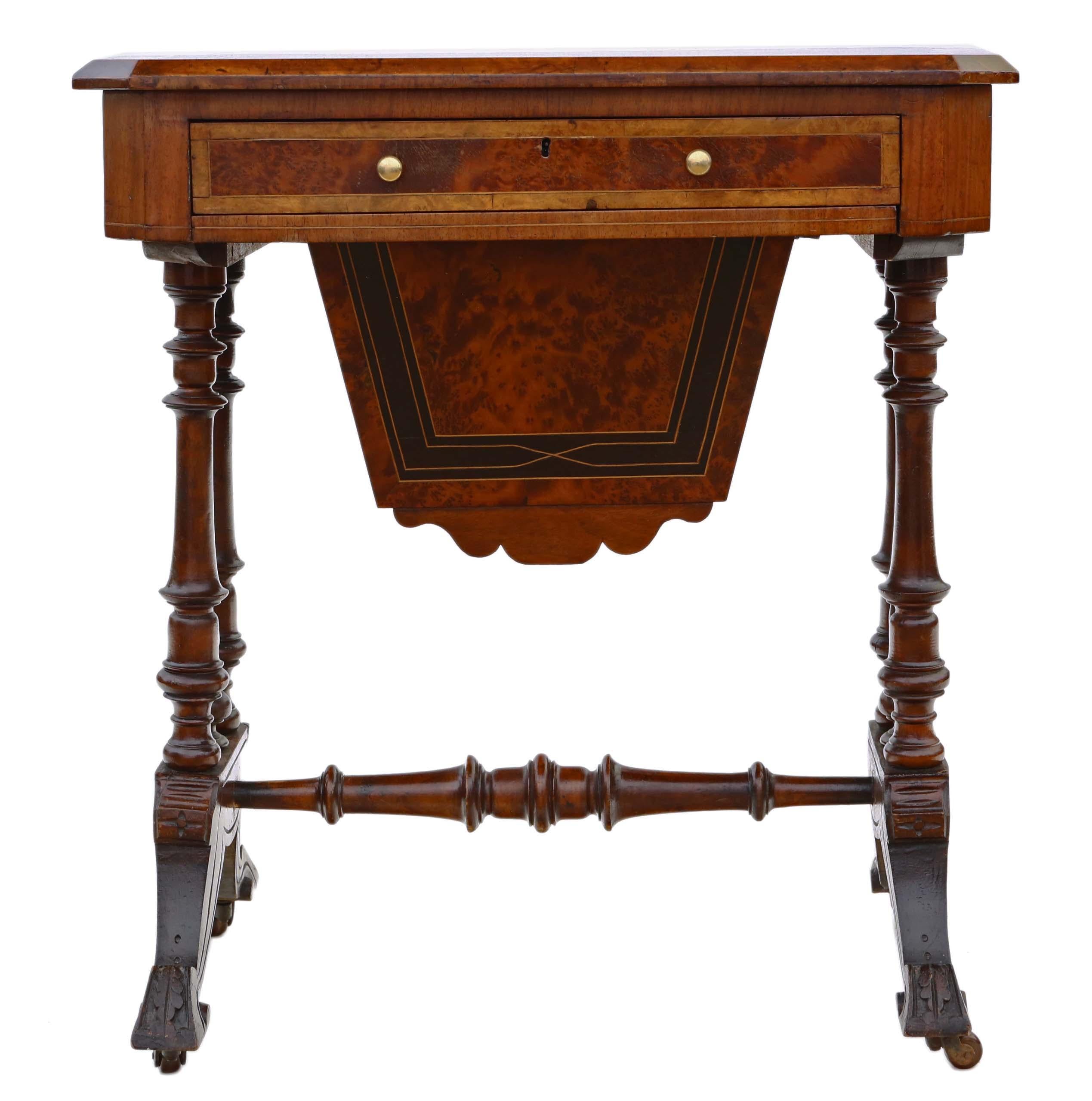 Antique fine quality Victorian C1880 inlaid burr walnut and amboyna work side sewing table box. 19th Century Aesthetic period styling.

This is a lovely item, that is full of age, charm and character. The mahogany lined drawers slide freely.

An