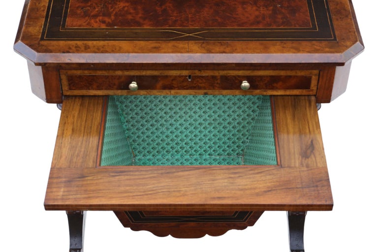 Antique Victorian C1880 Inlaid Burr Walnut Amboyna Work Side Sewing