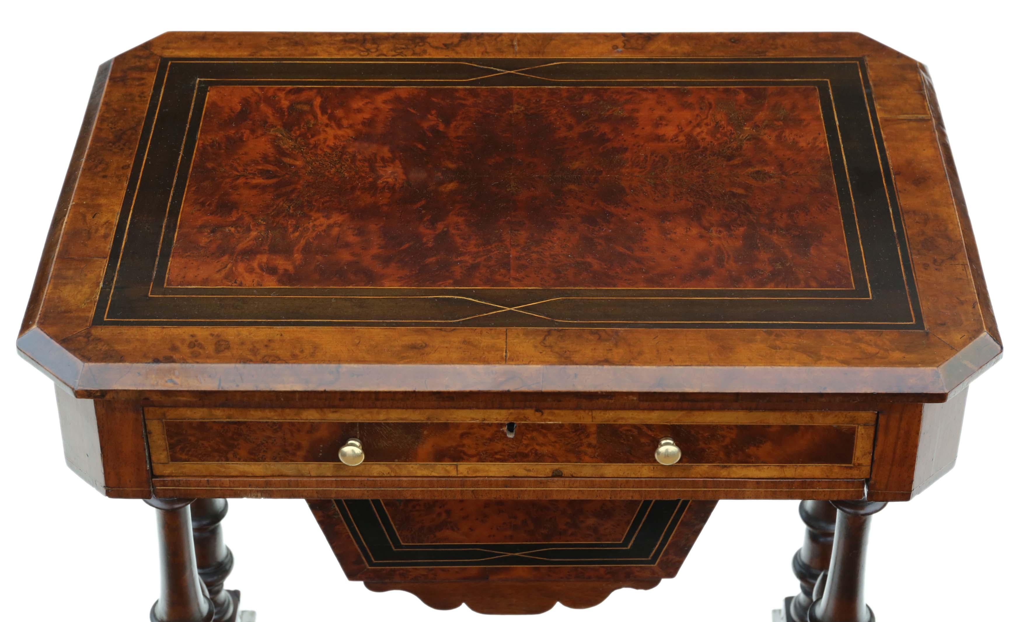 Antique Victorian C1880 Inlaid Burr Walnut Amboyna Work Side Sewing Table Box 1