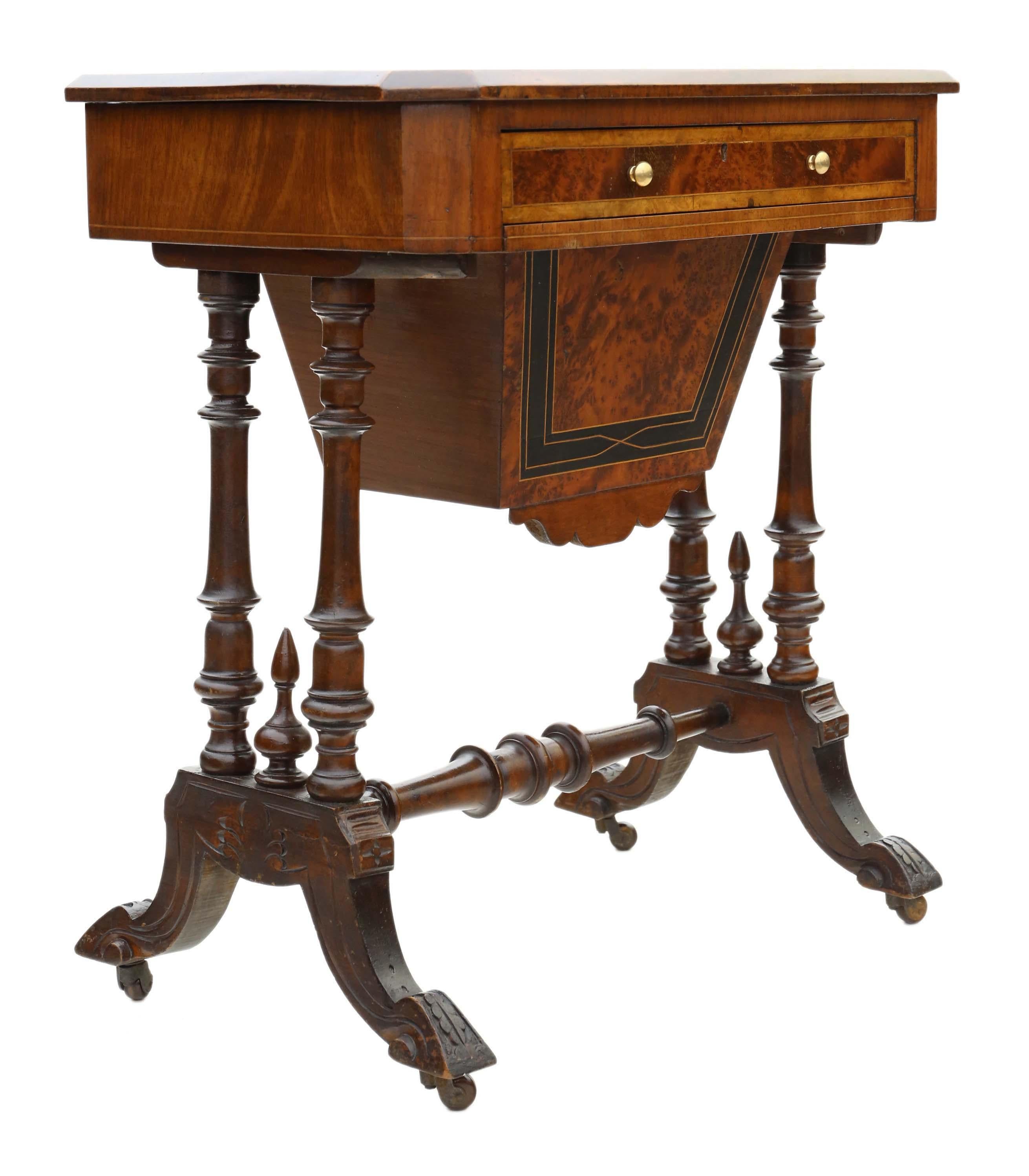 Antique Victorian C1880 Inlaid Burr Walnut Amboyna Work Side Sewing Table Box 3