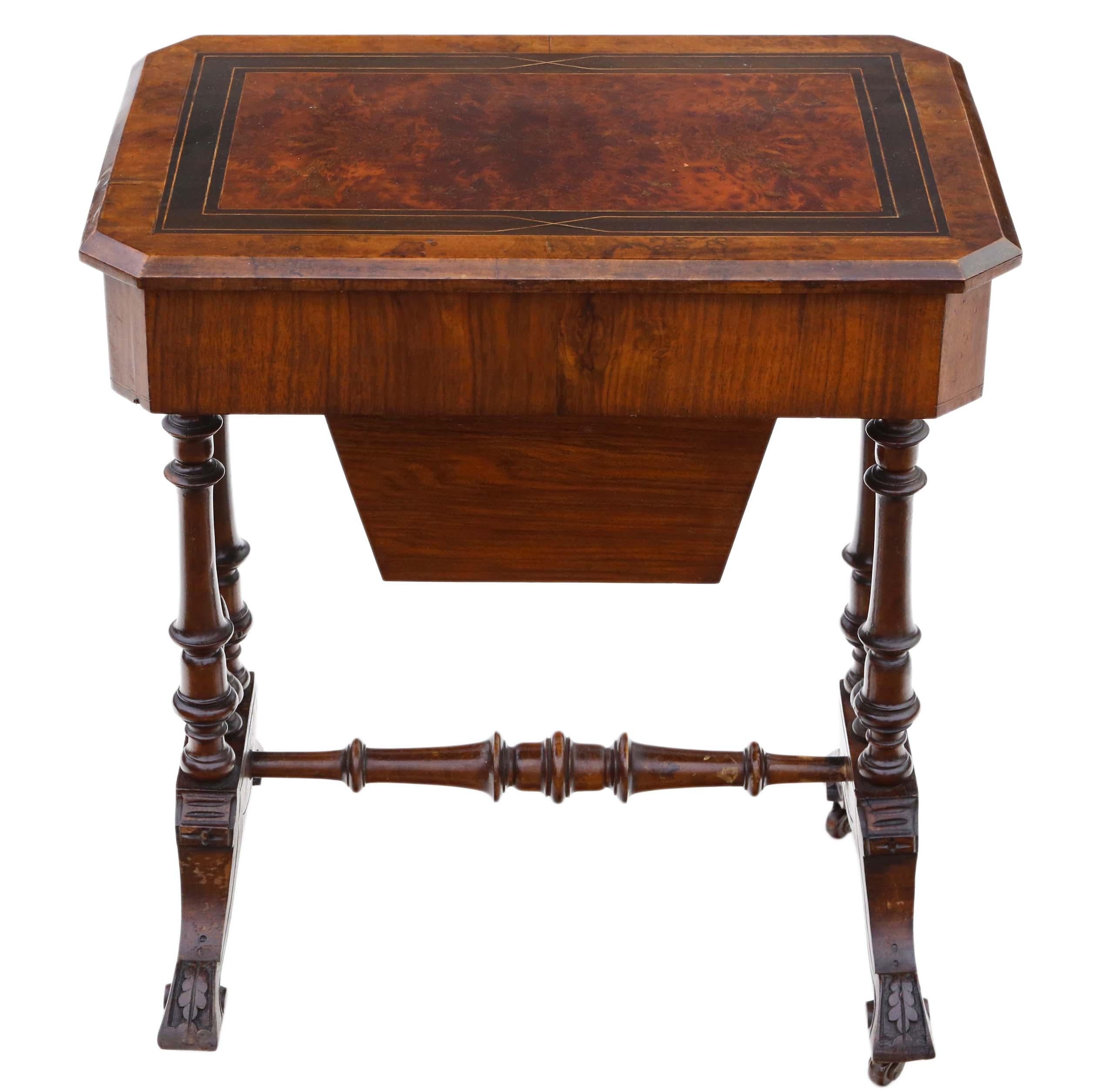 Antique Victorian C1880 Inlaid Burr Walnut Amboyna Work Side Sewing Table Box 4