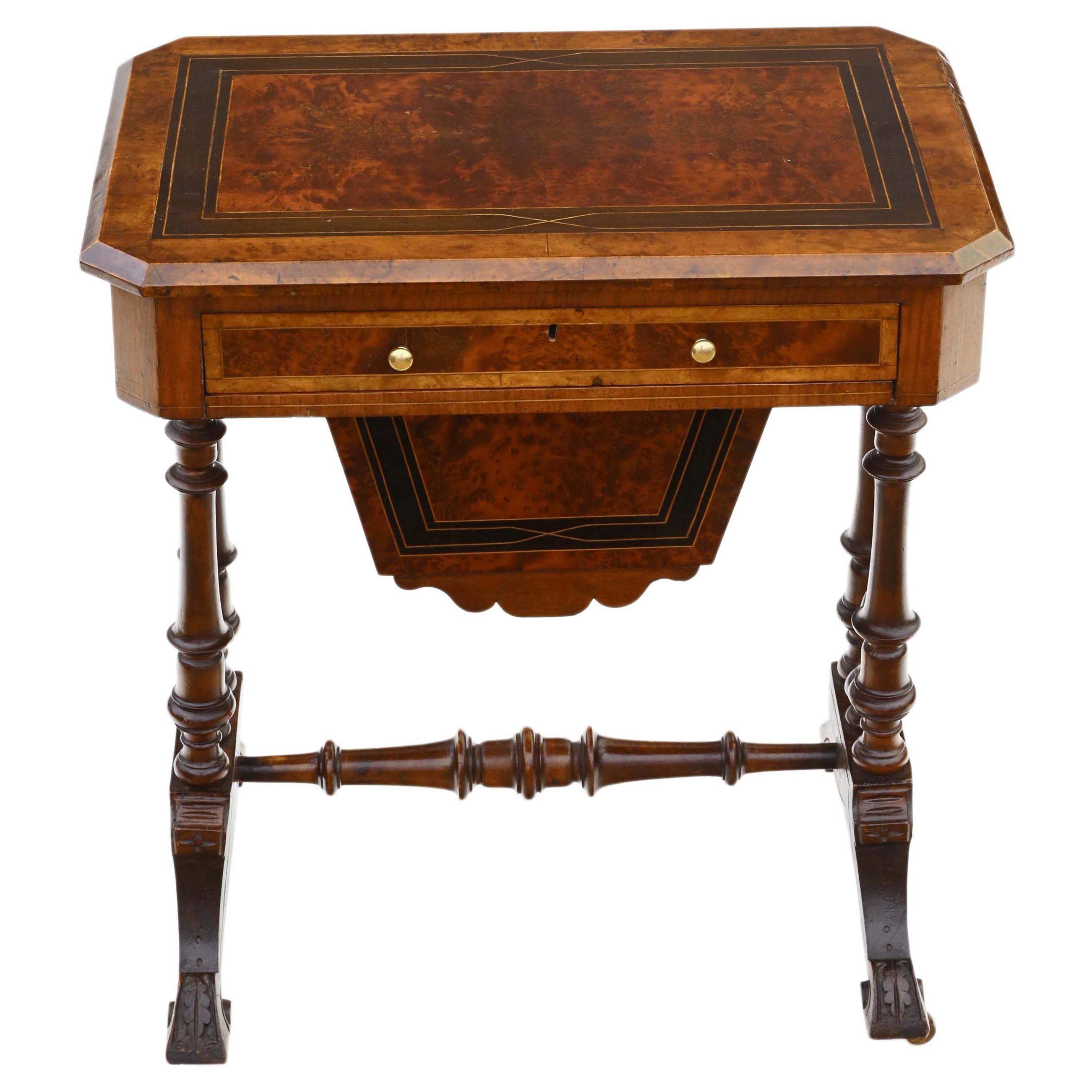 Antique Victorian C1880 Inlaid Burr Walnut Amboyna Work Side Sewing Table Box