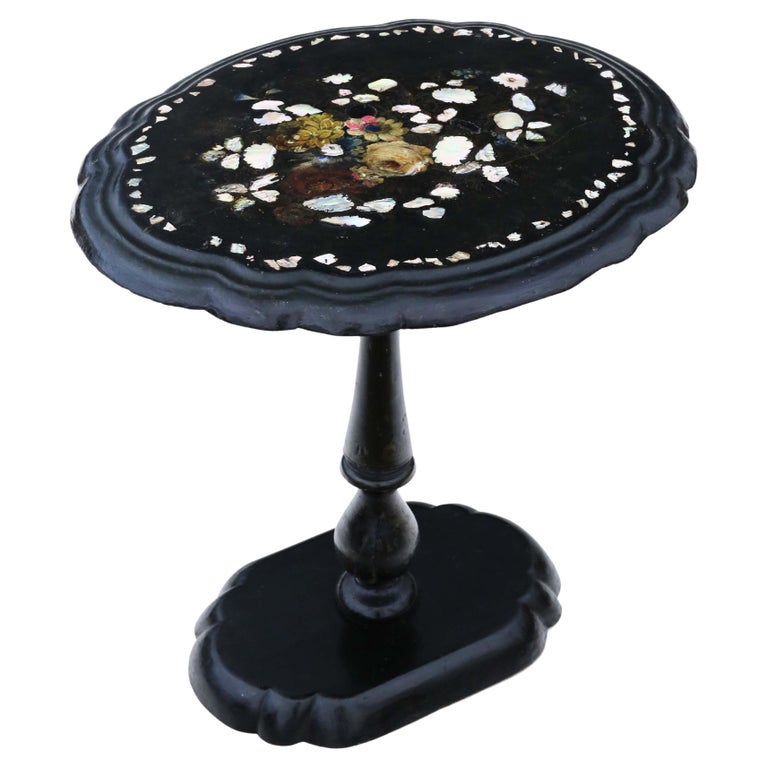 Antique Victorian C1880 Inlaid Papier Mache Supper Table Black Lacquer