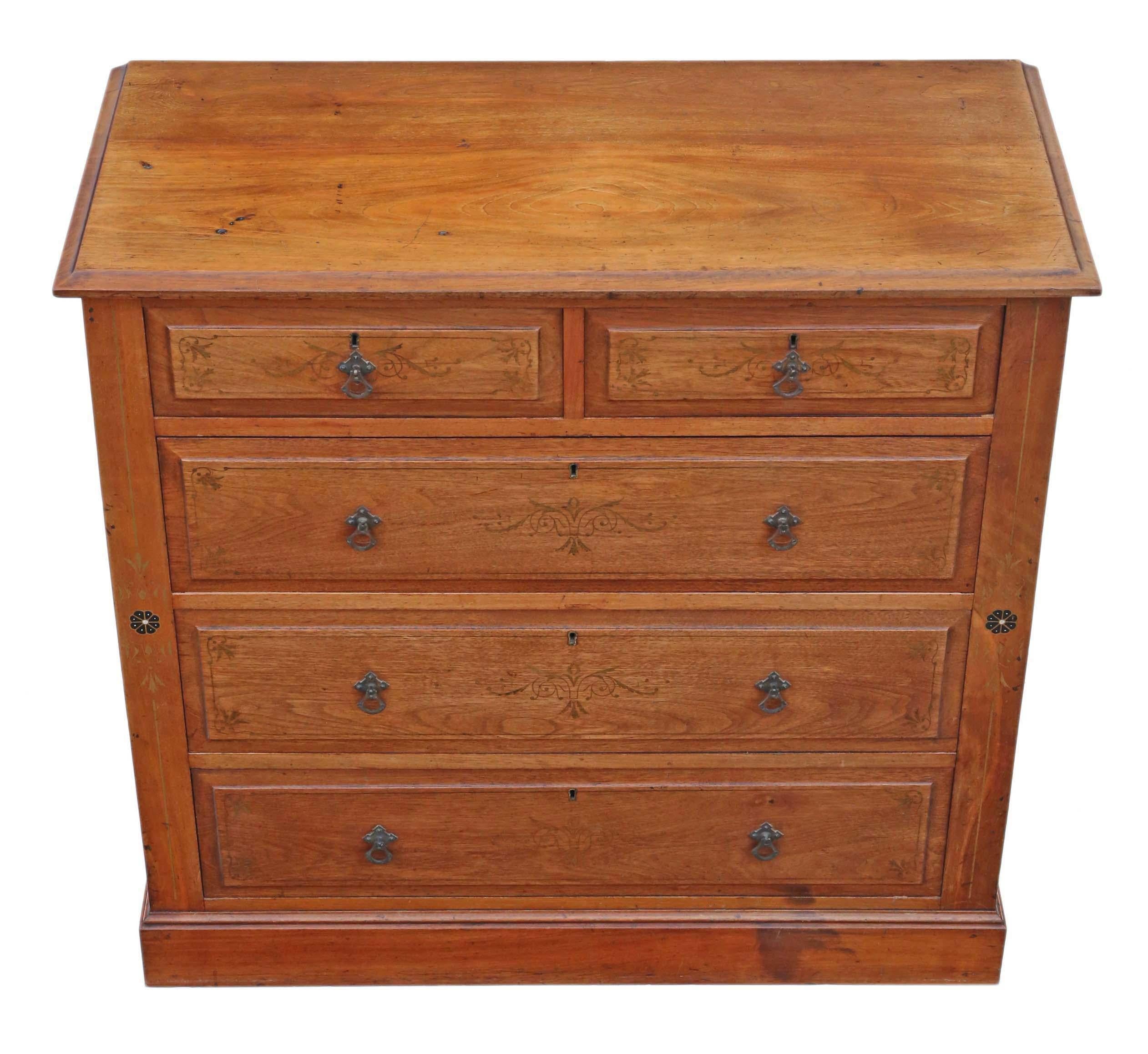 Antique fine quality Victorian C 1895 decorated ash chest of drawers.

Great rare item, which is solid and heavy with no loose joints or woodworm. Lovely decoration and Aesthetic Victorian styling.

Good age, colour and patina. The drawers slide