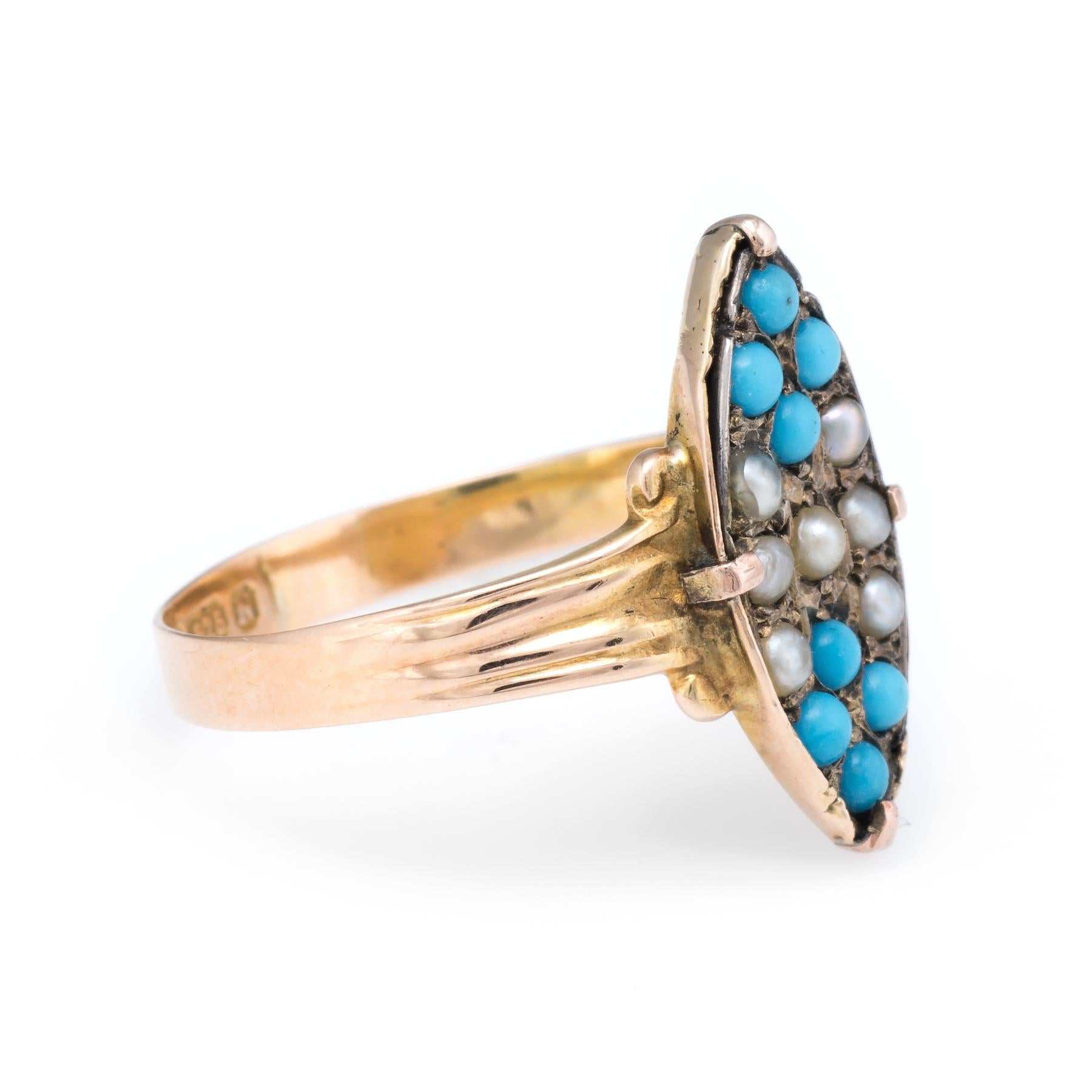 Finely detailed antique Victorian ring (circa 1896), crafted in 15 karat yellow gold. 

8 x 2mm seed pearls are accented with 7 x 2mm pieces of turquoise. The pearls and turquoise and in-tact and in good condition (some light surface abrasions