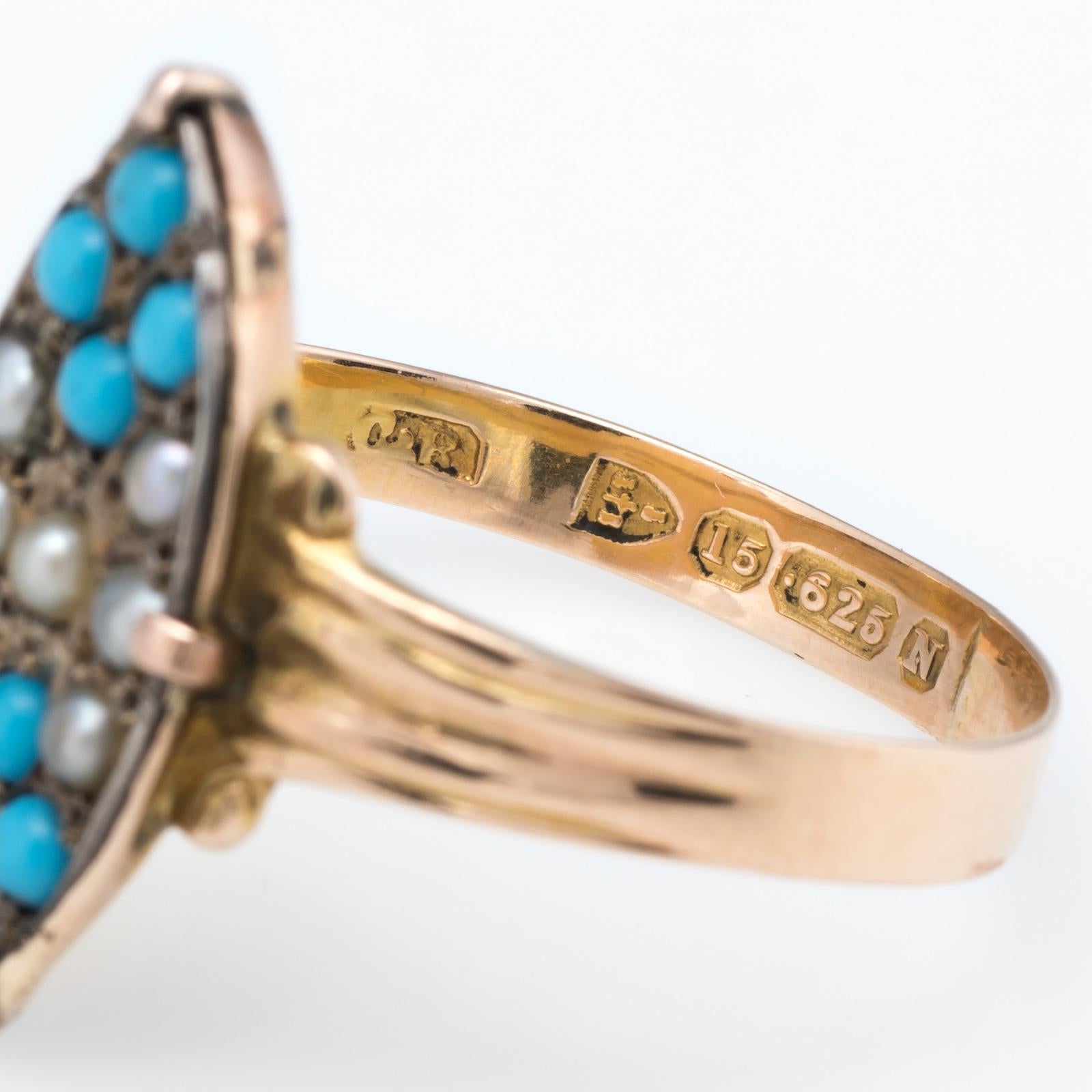 Round Cut Victorian circa 1896 Seed Pearl Turquoise Ring Vintage 15 Karat Yellow Gold For Sale