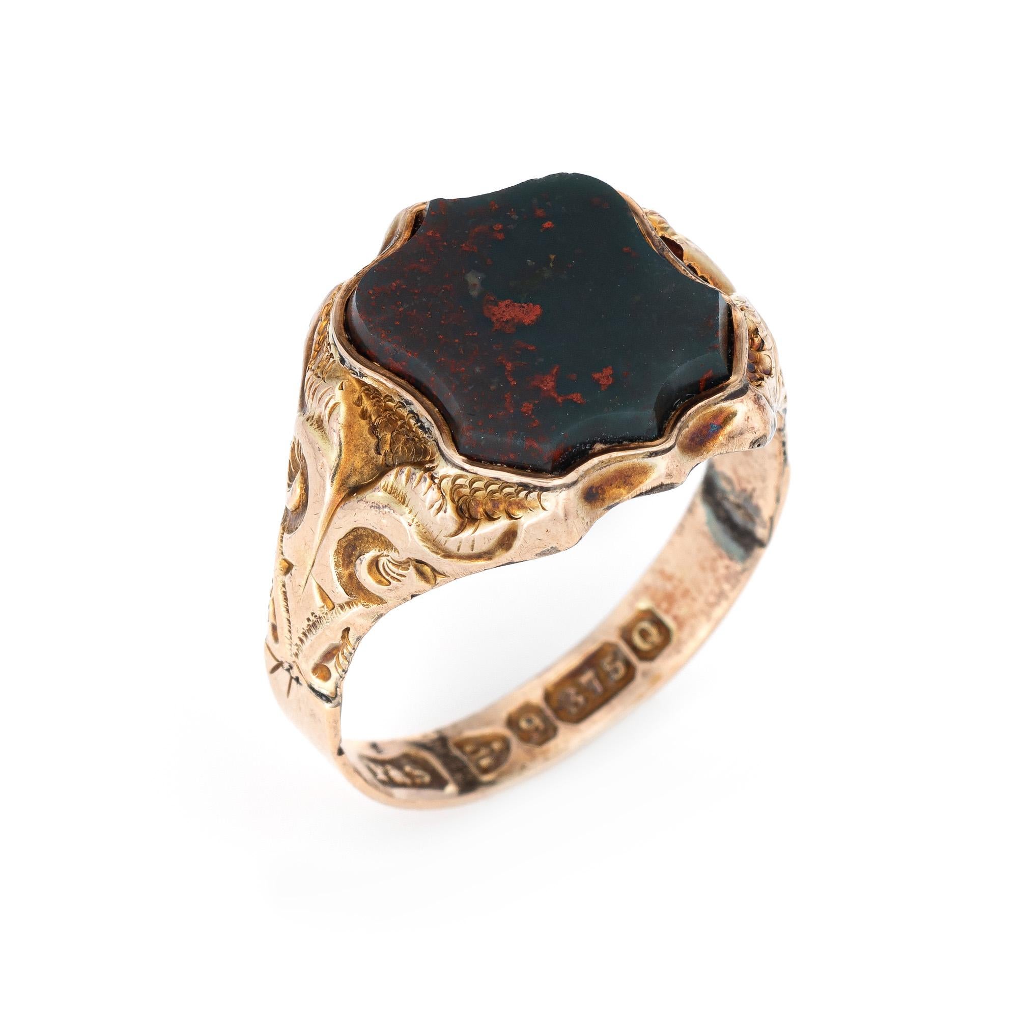 Finely detailed antique Victorian bloodstone shield ring (circa 1899), crafted in 9 karat rose gold. 

The bloodstone measures 12mm x 10mm (in good condition with a small nick to the stone, visible under a 10x loupe)
The bloodstone is cut into a
