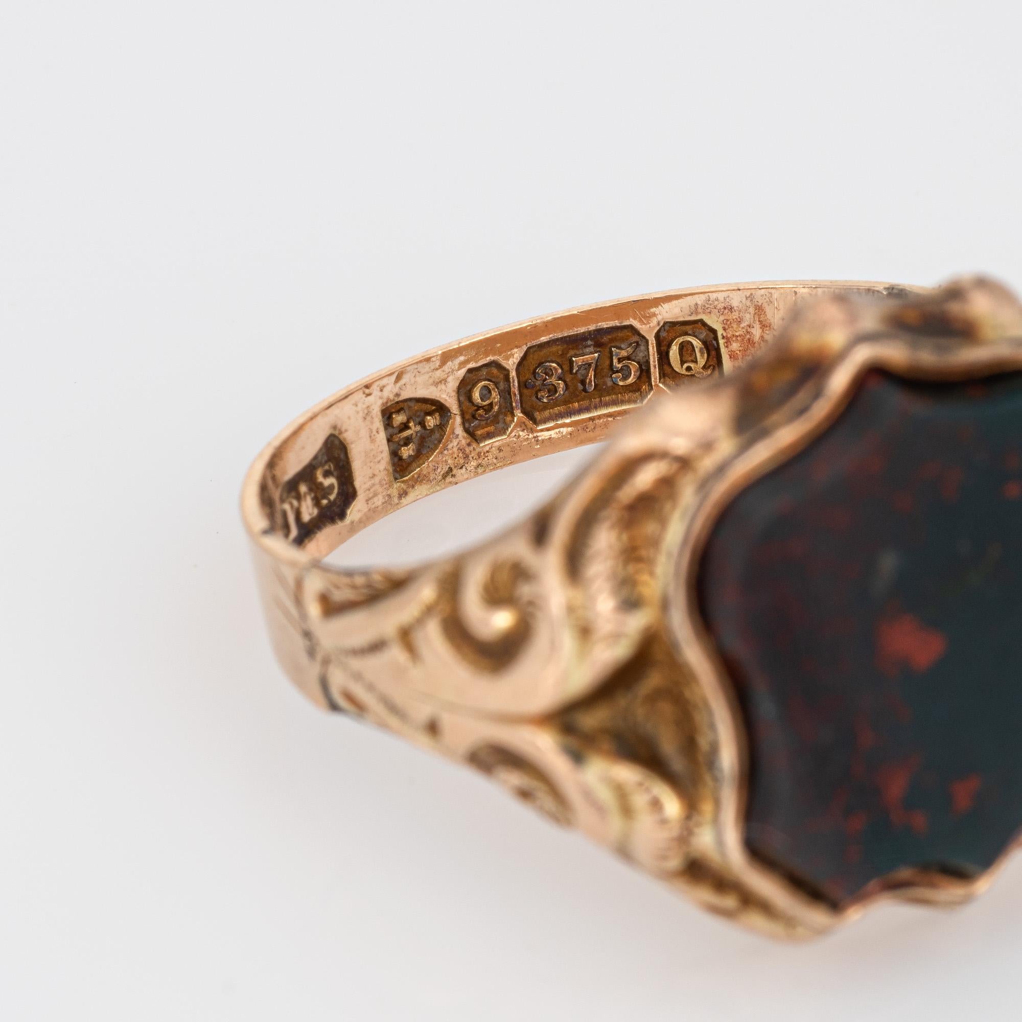 Women's or Men's Antique Victorian c1899 Bloodstone Shield Ring 9k Rose Gold Chester Hallmark 8.5