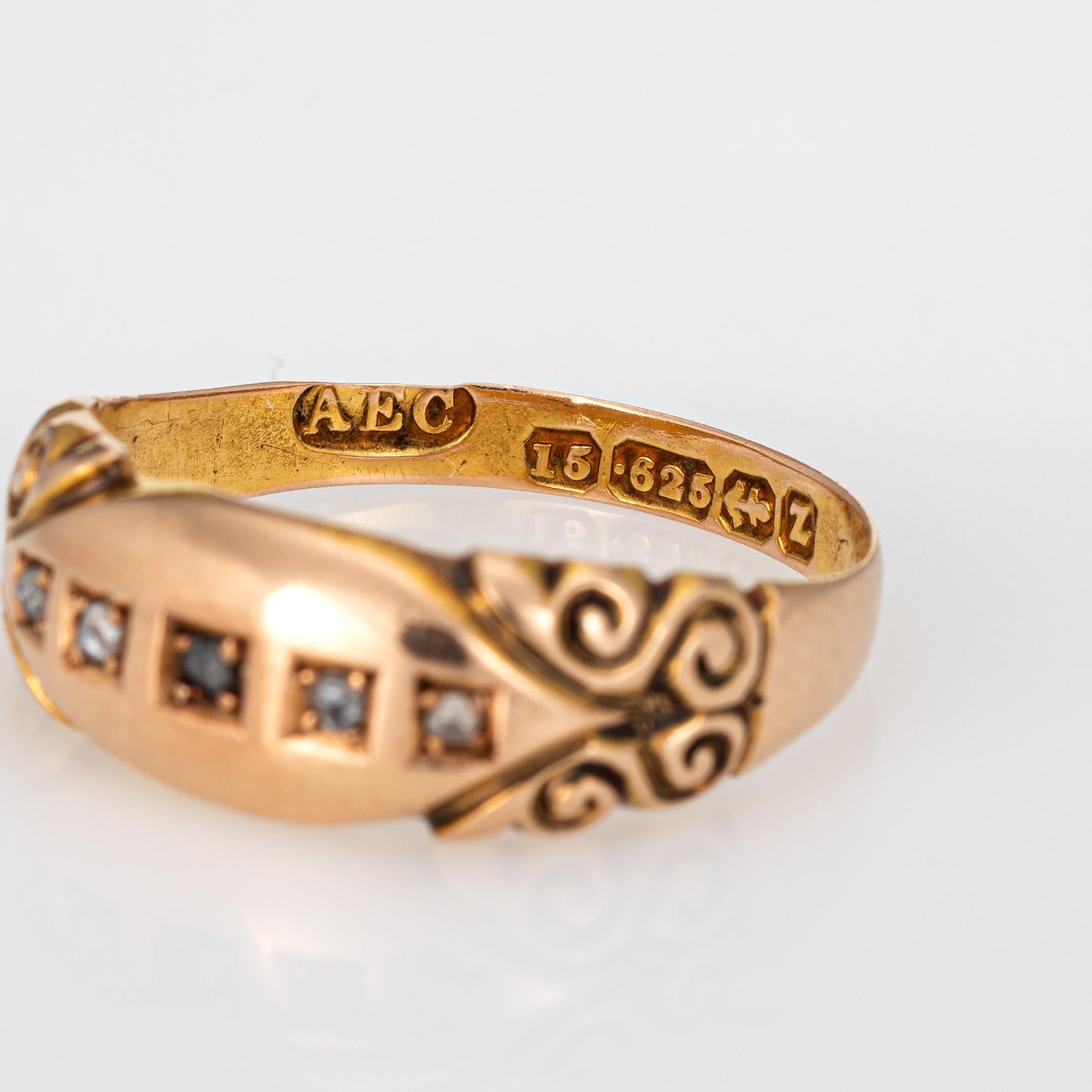 Antique Victorian c1899 Diamond Gypsy Band 15k Gold Rose Cuts 5 Stone Jewelry 3