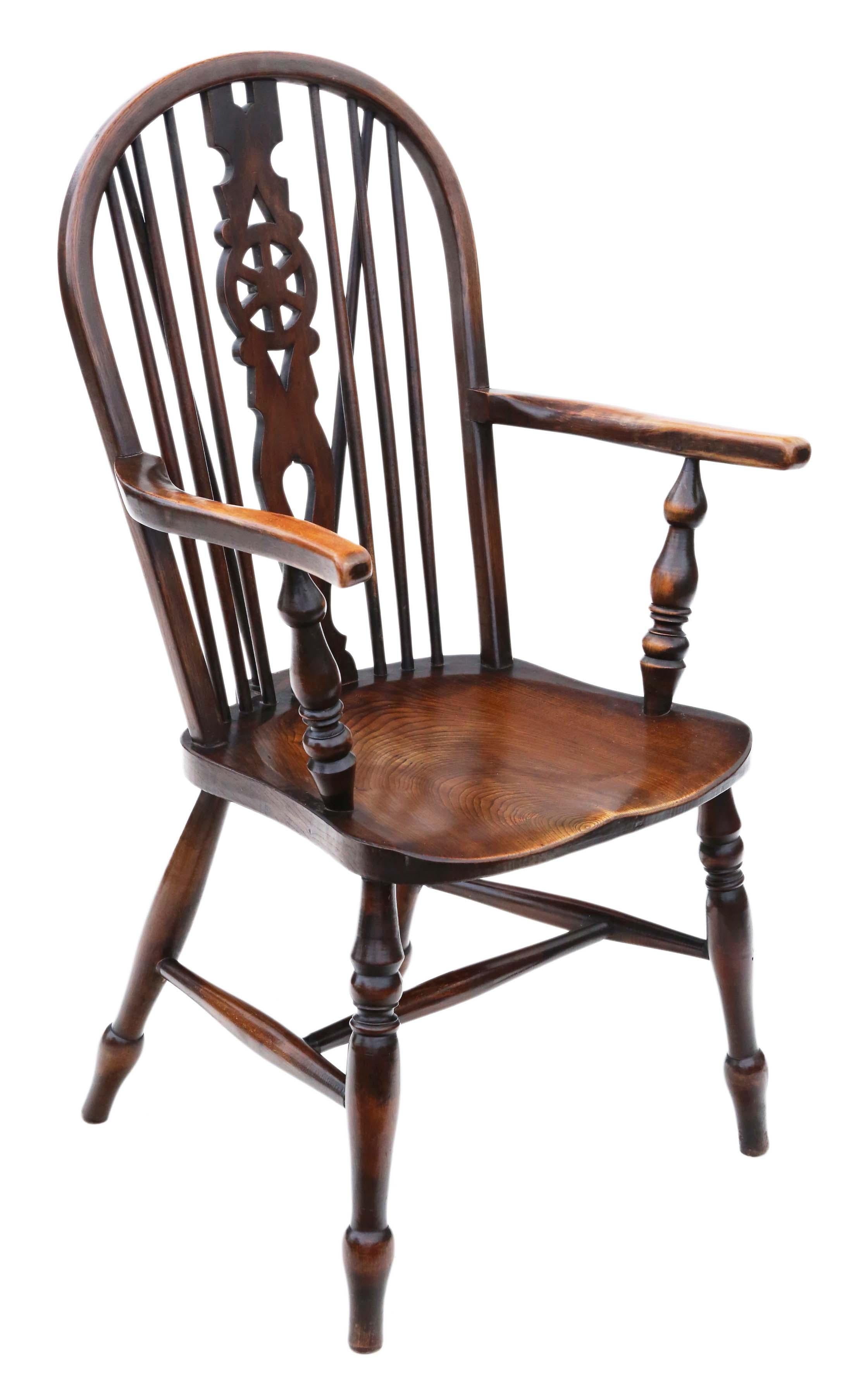 Early 20th Century Antique Victorian C1900 Ash and Elm Windsor Chair Wheel Back Dining Armchair