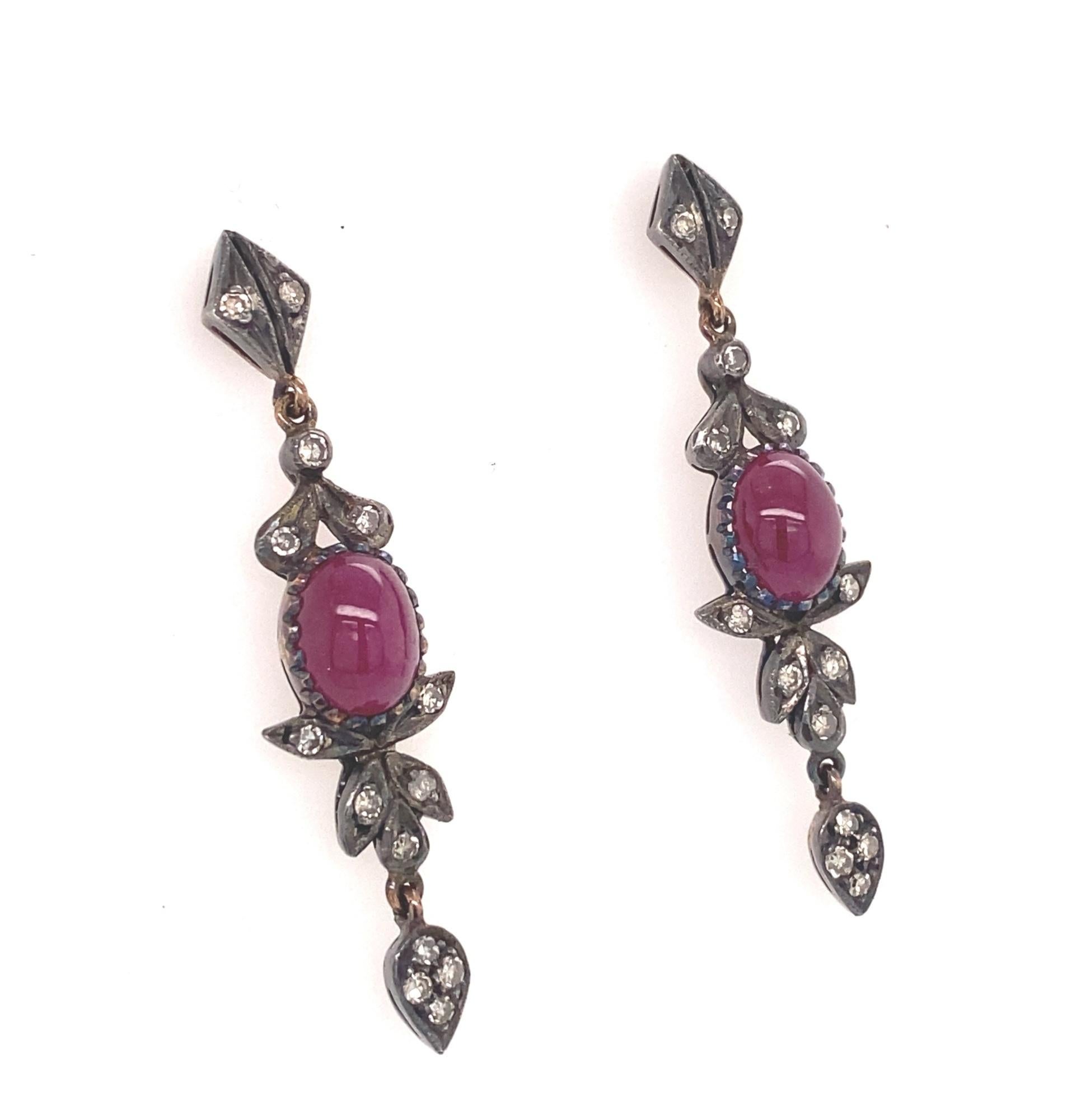 Antique Victorian Cabochon Ruby Diamonds Silver 18k Yellow Gold Earrings In Good Condition For Sale In Woodland Hills, CA
