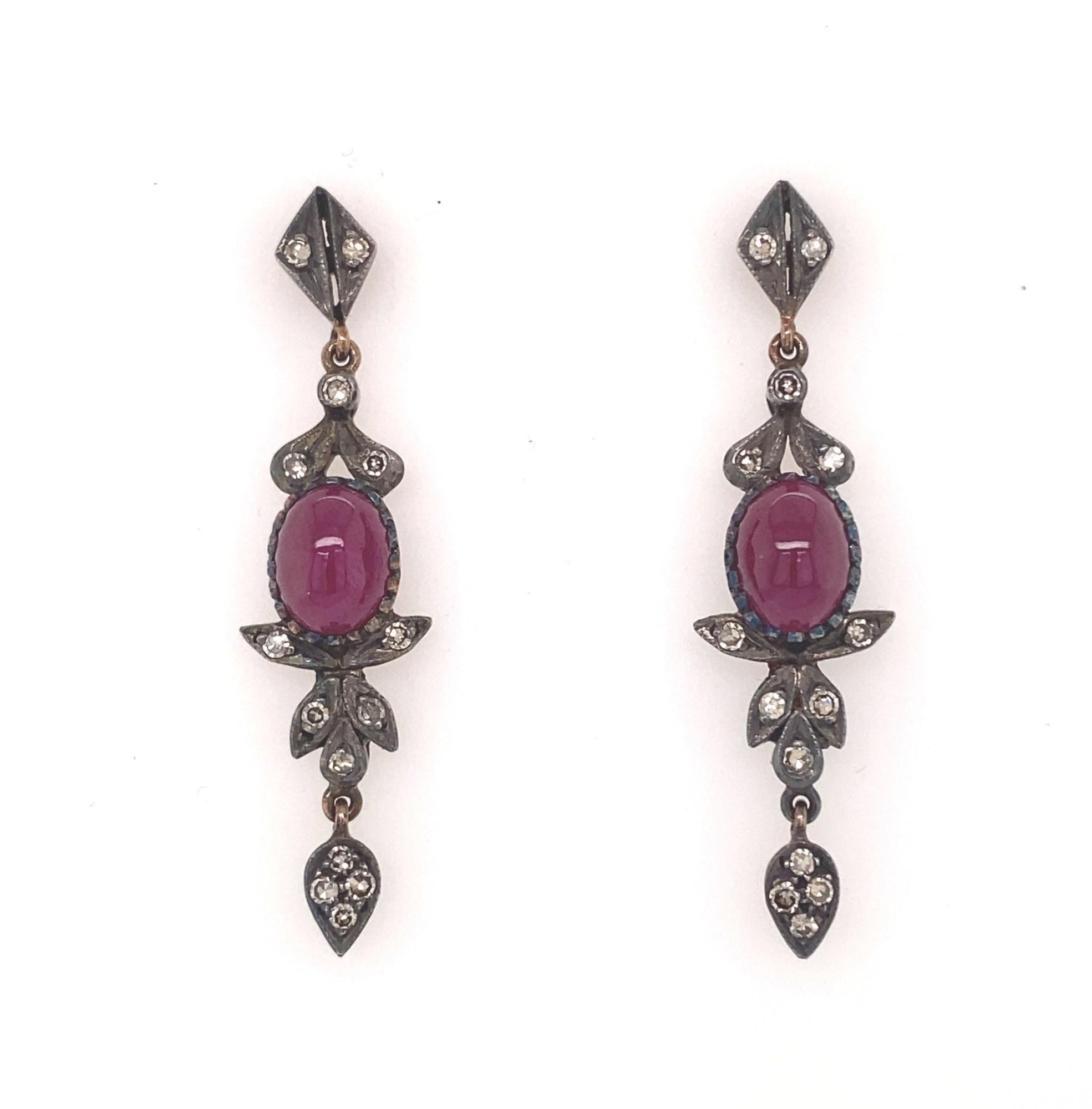 Women's Antique Victorian Cabochon Ruby Diamonds Silver 18k Yellow Gold Earrings For Sale