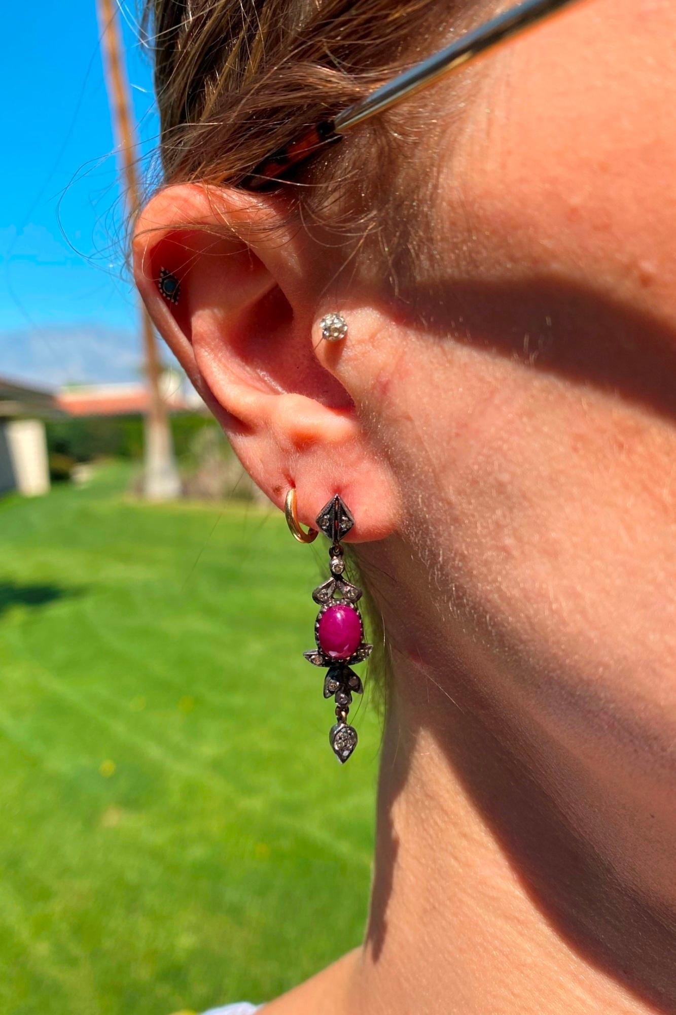 Antique Victorian Cabochon Ruby Diamonds Silver 18k Yellow Gold Earrings For Sale 2