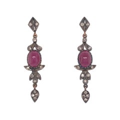 Antique Victorian Cabochon Ruby Diamonds Silver 18k Yellow Gold Earrings
