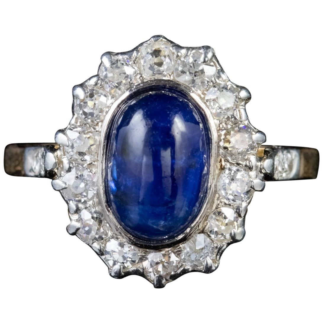 Antique Victorian Cabochon Sapphire Diamond Ring 18 Carat Gold, circa 1880 For Sale