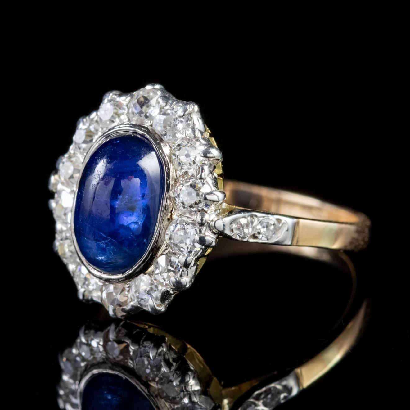 Antique Victorian Cabochon Sapphire Diamond Ring 18 Carat Gold, circa 1880 In Good Condition For Sale In Lancaster, Lancashire