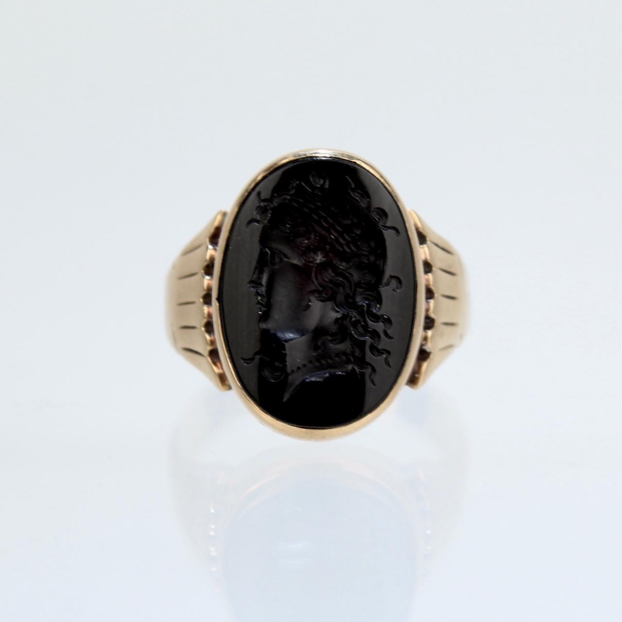 Antique Victorian Cameo 14 Karat Gold & Onyx Signet Ring with Dedication 5