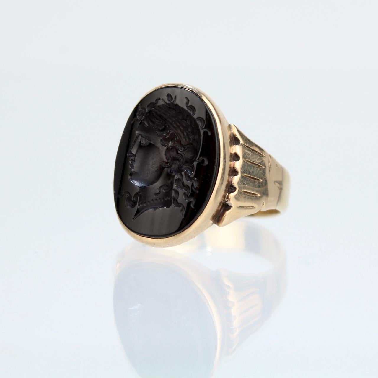 Cabochon Antique Victorian Cameo 14 Karat Gold & Onyx Signet Ring with Dedication