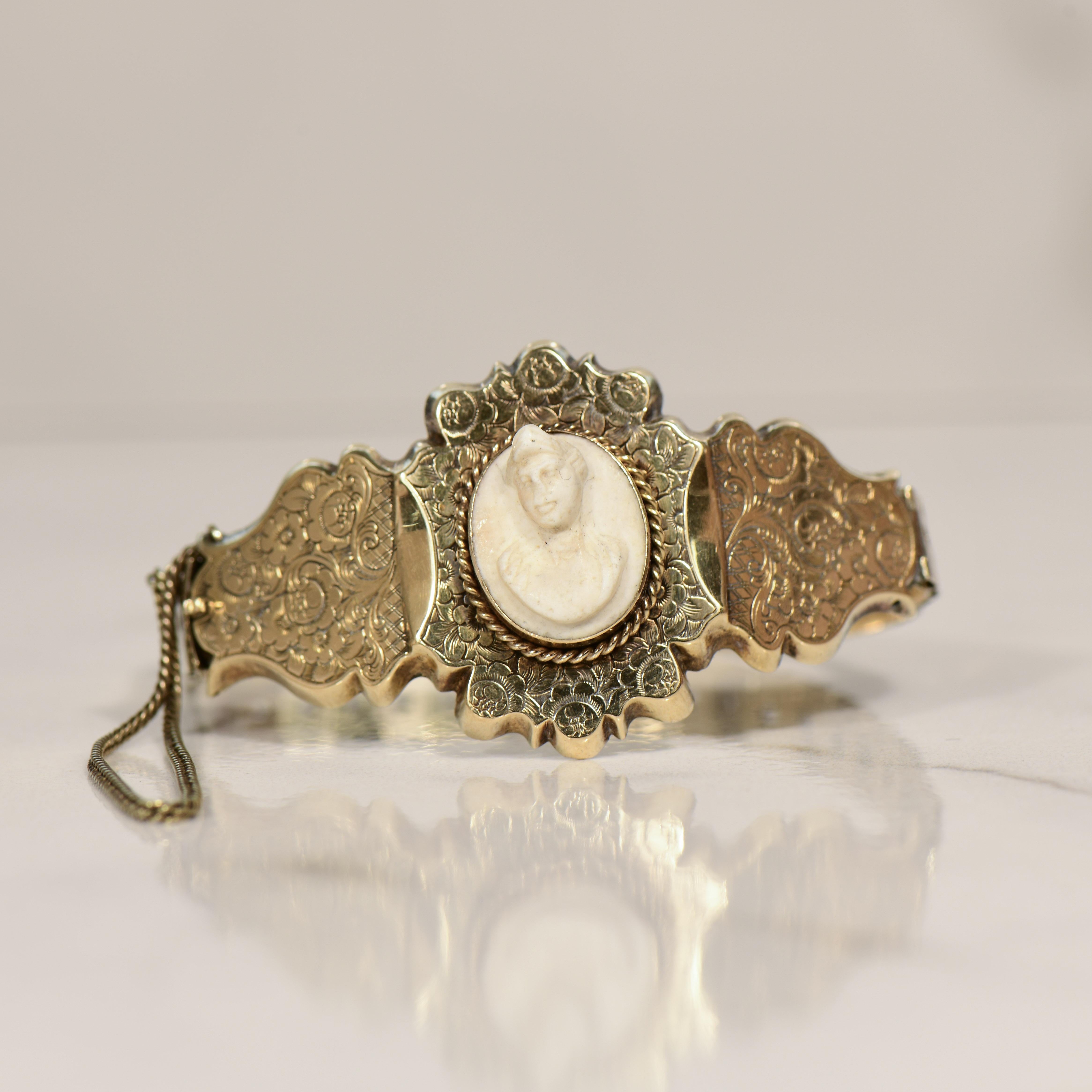 Antique Victorian Cameo Bracelet with Ornate Floral Engraving 14K Gold 6