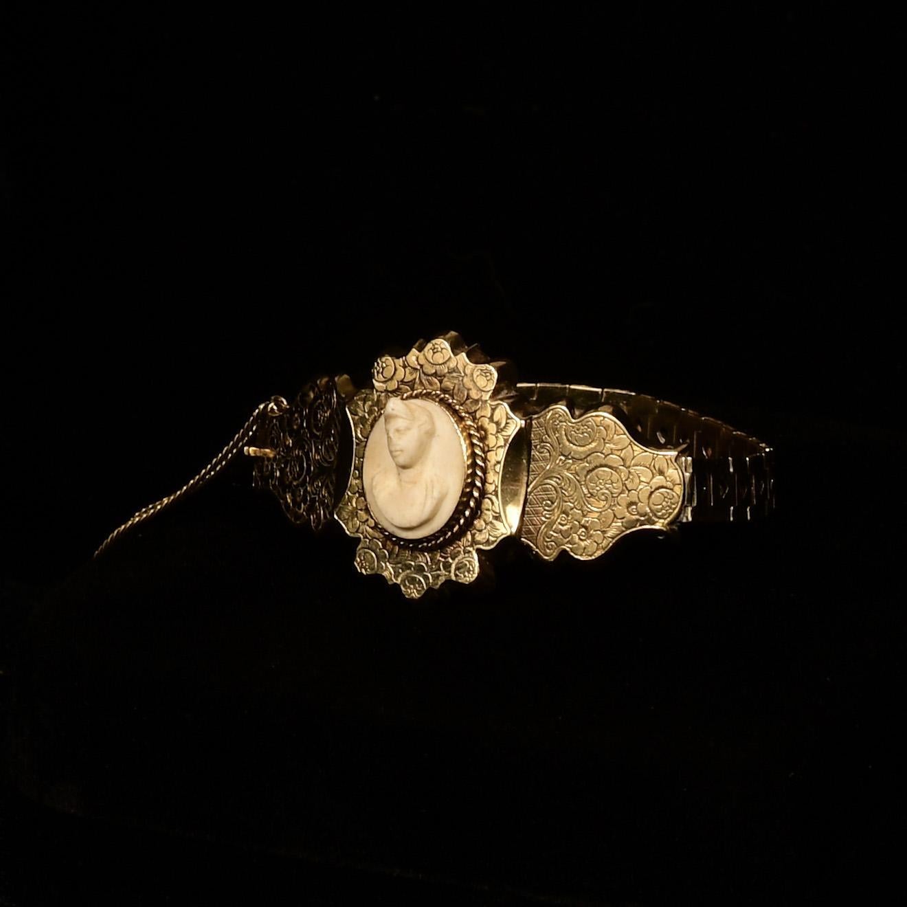 Antique Victorian Cameo Bracelet with Ornate Floral Engraving 14K Gold 1
