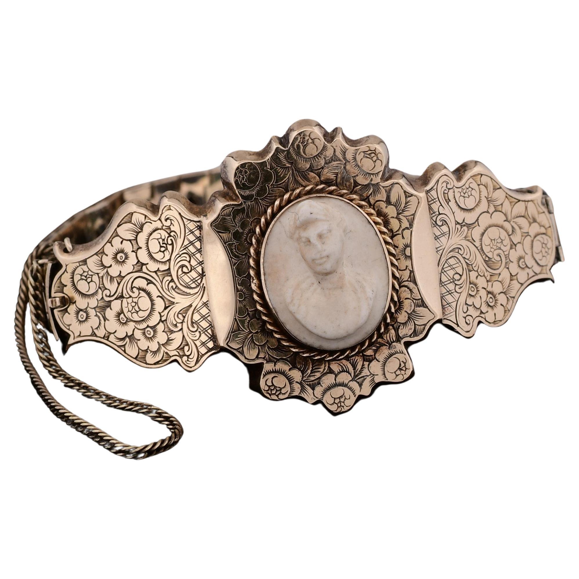 Antique Victorian Cameo Bracelet with Ornate Floral Engraving 14K Gold
