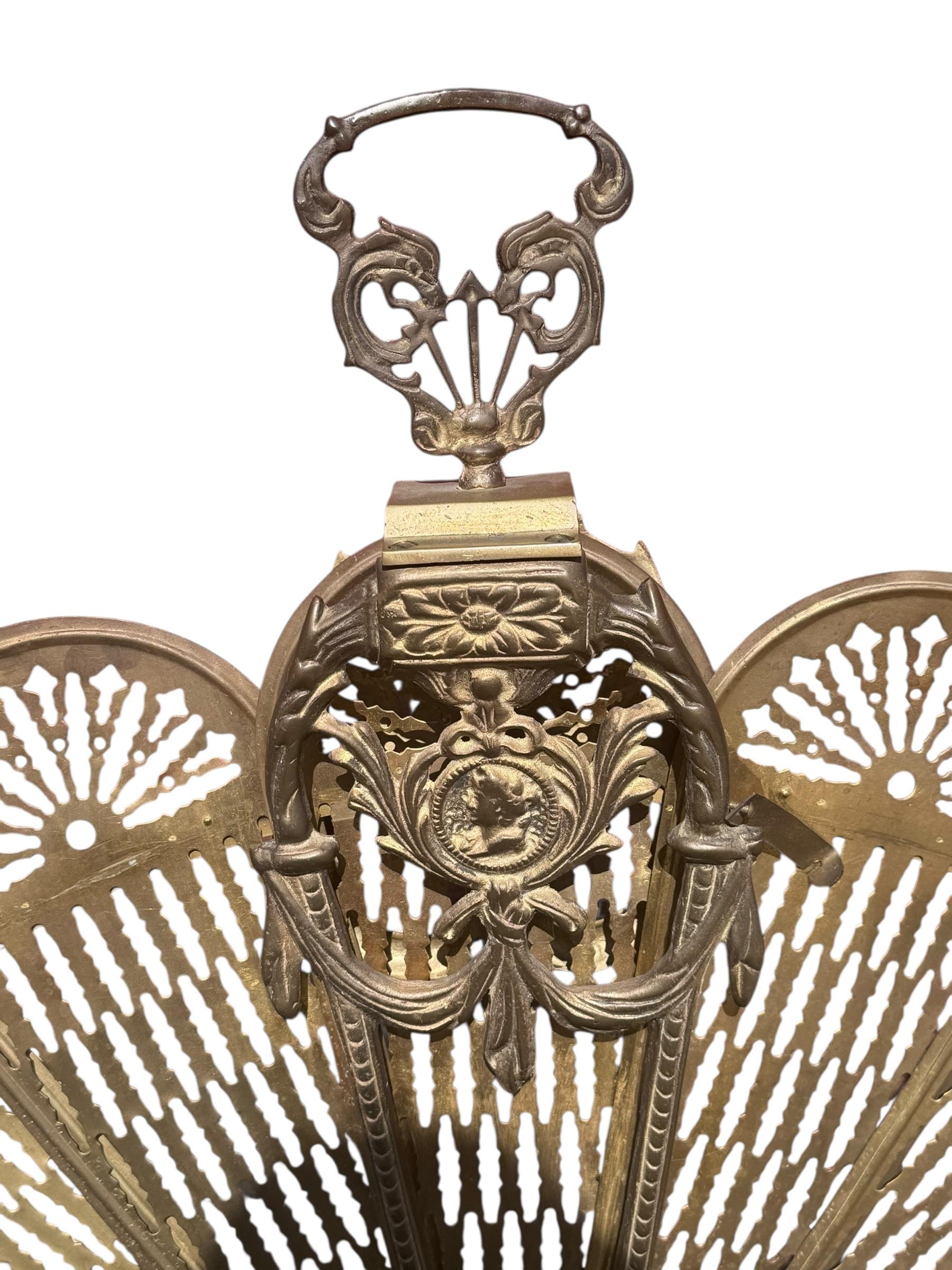 Antique Victorian Cameo Brass Peacock Fireplace Fan Folding Screen For Sale 2