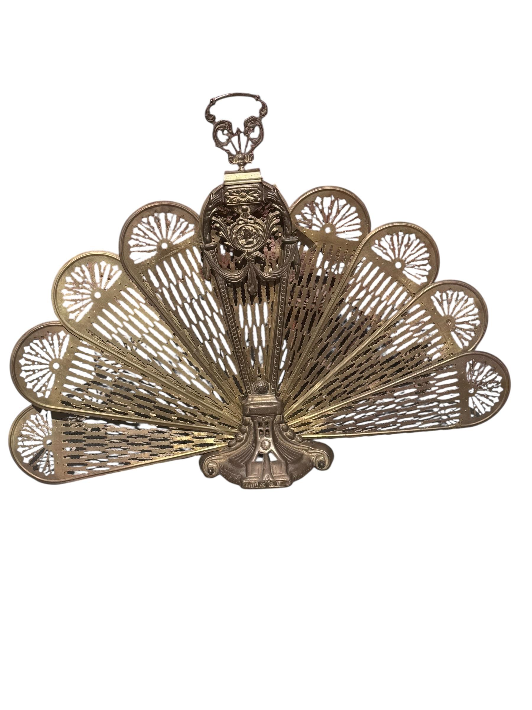 Antique Victorian Cameo Brass Peacock Fireplace Fan Folding Screen For Sale 4