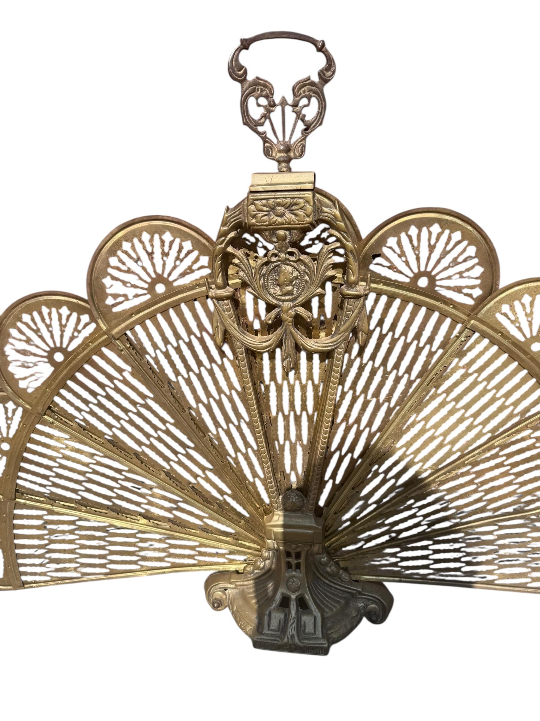 Antique Victorian Cameo Brass Peacock Fireplace Fan Folding Screen For Sale 5
